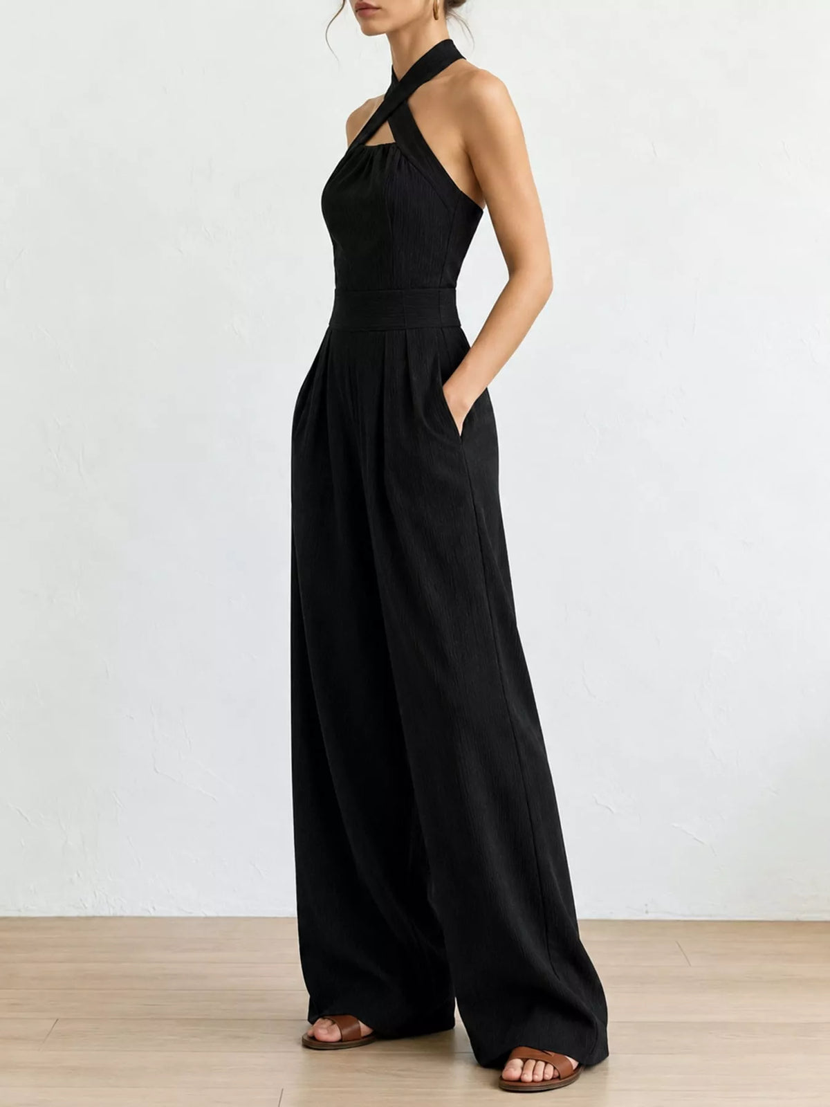 full size halter neck wide-leg jumpsuit plus | dropsona - neutral - front view