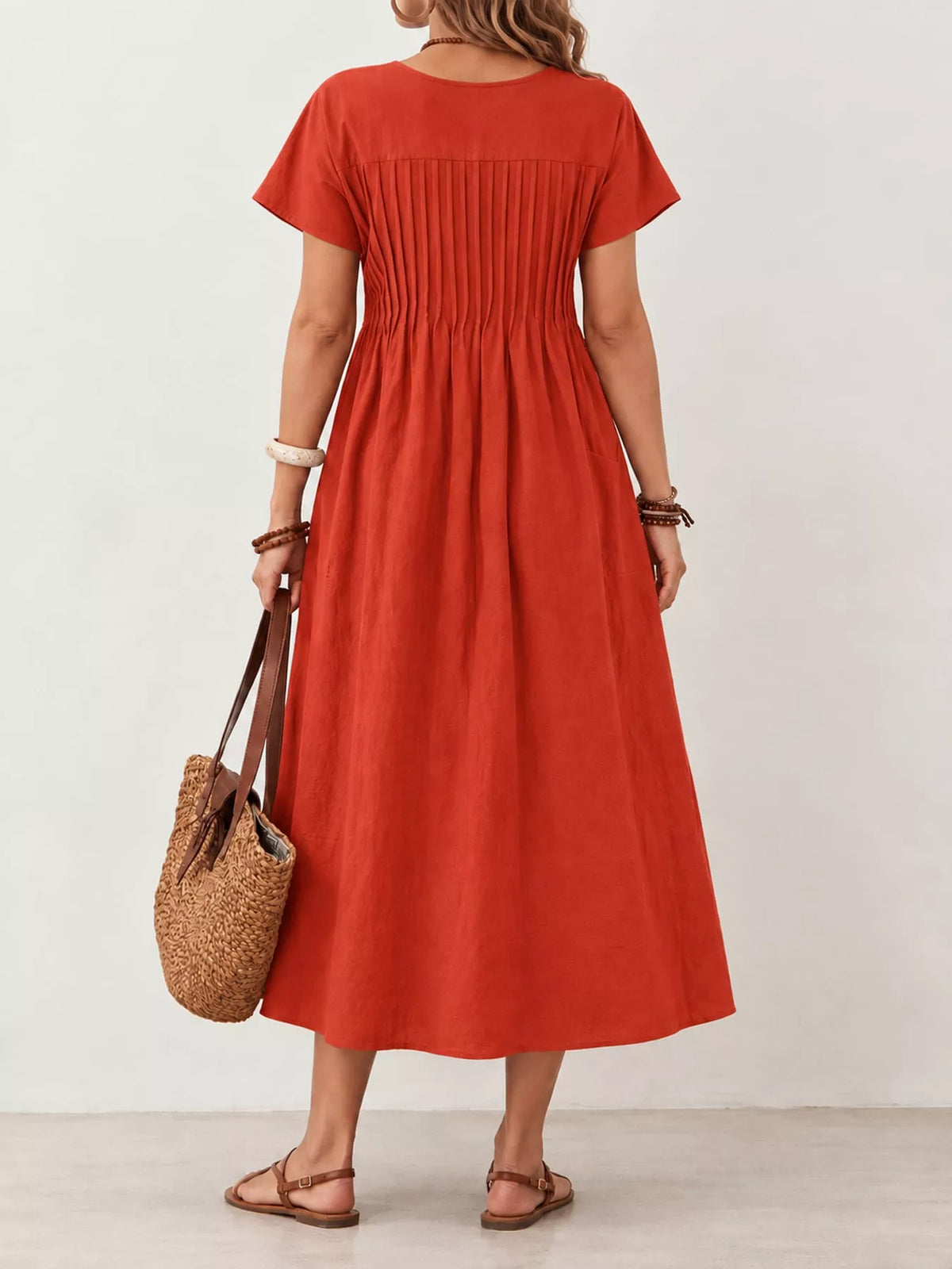 full size elegant pleated casual midi dress with | dropsona - neutral - close-up detail