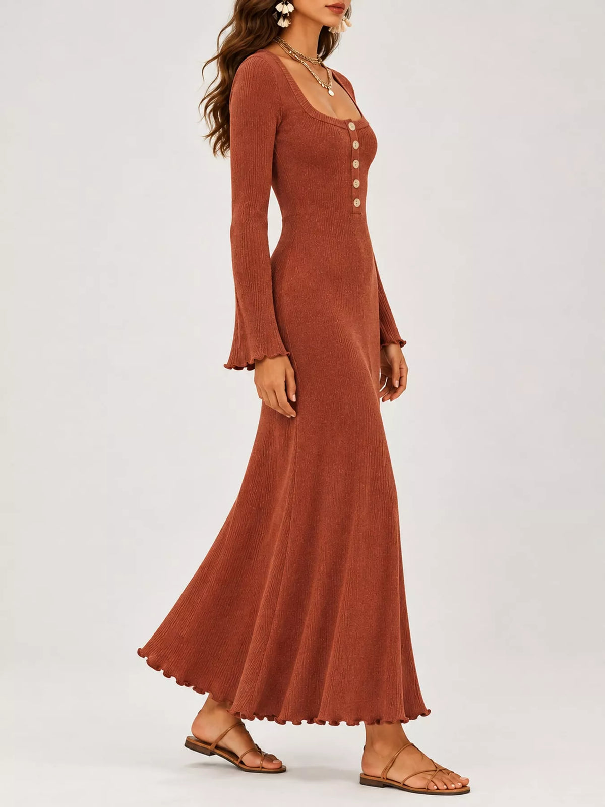 button-front ribbed knit maxi dress | dropsona - neutral - close-up detail