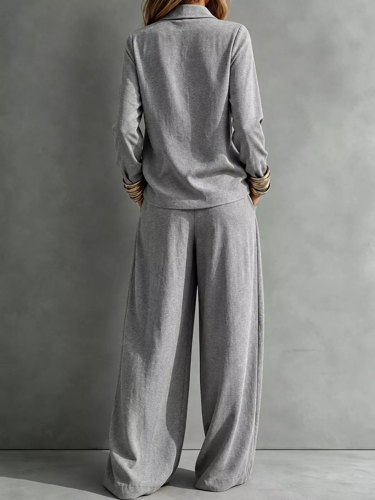 full size casual elegant top and wide-leg pants set | dropsona - neutral - material texture