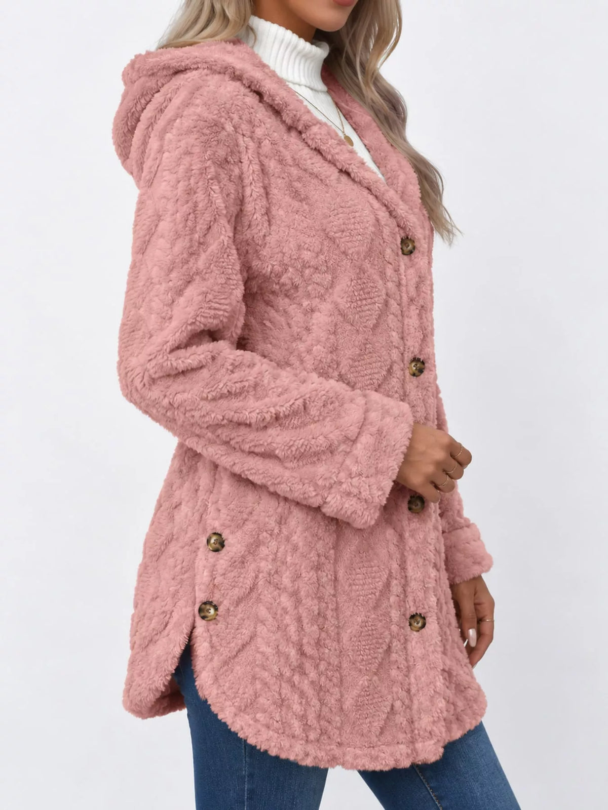 full size cozy cable-knit faux fur hooded outerwear | dropsona - neutral - close-up detail