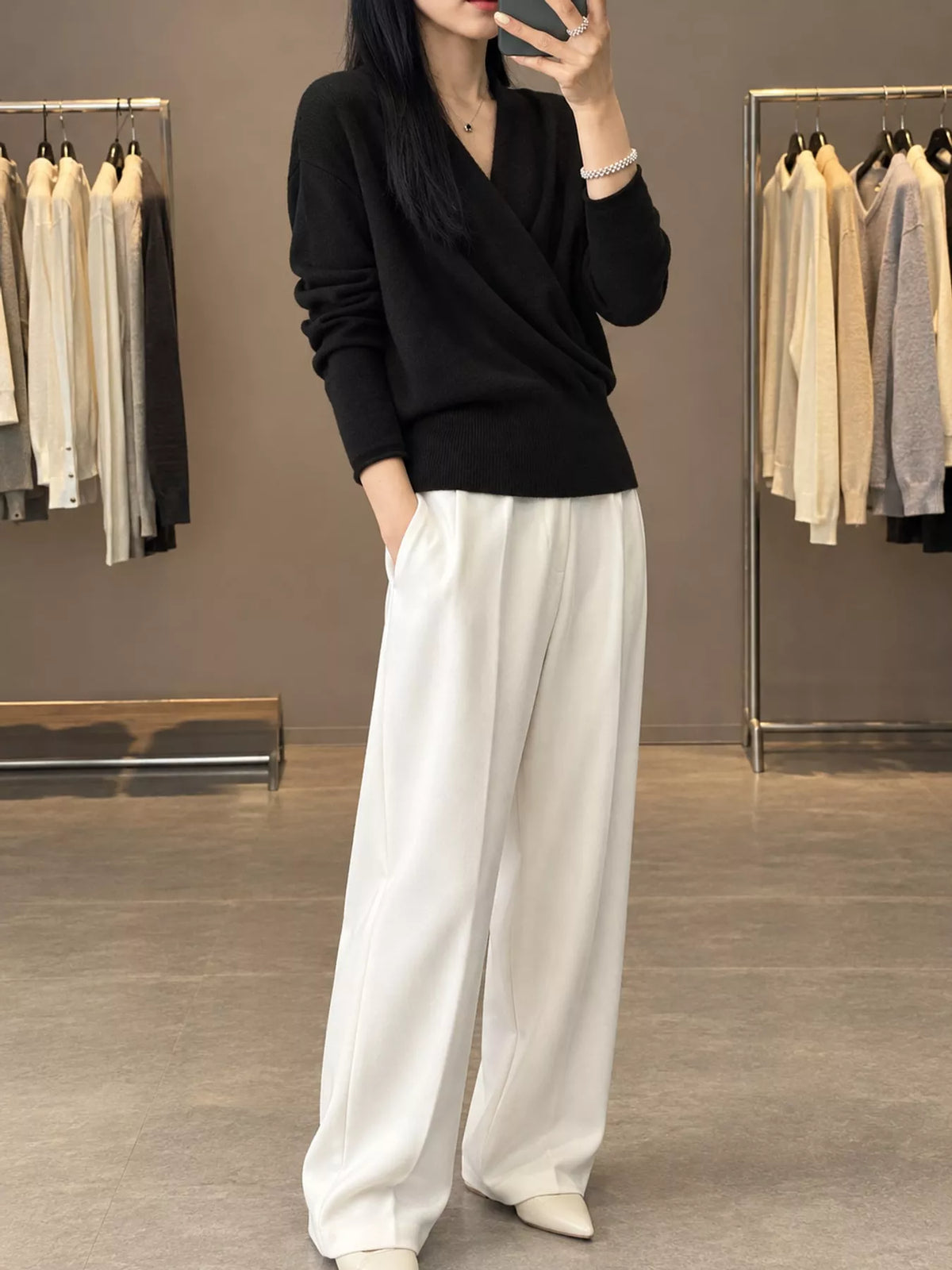 wrap-front long sleeve sweater – crisscross,ribbed fit | dropsona - neutral - close-up detail