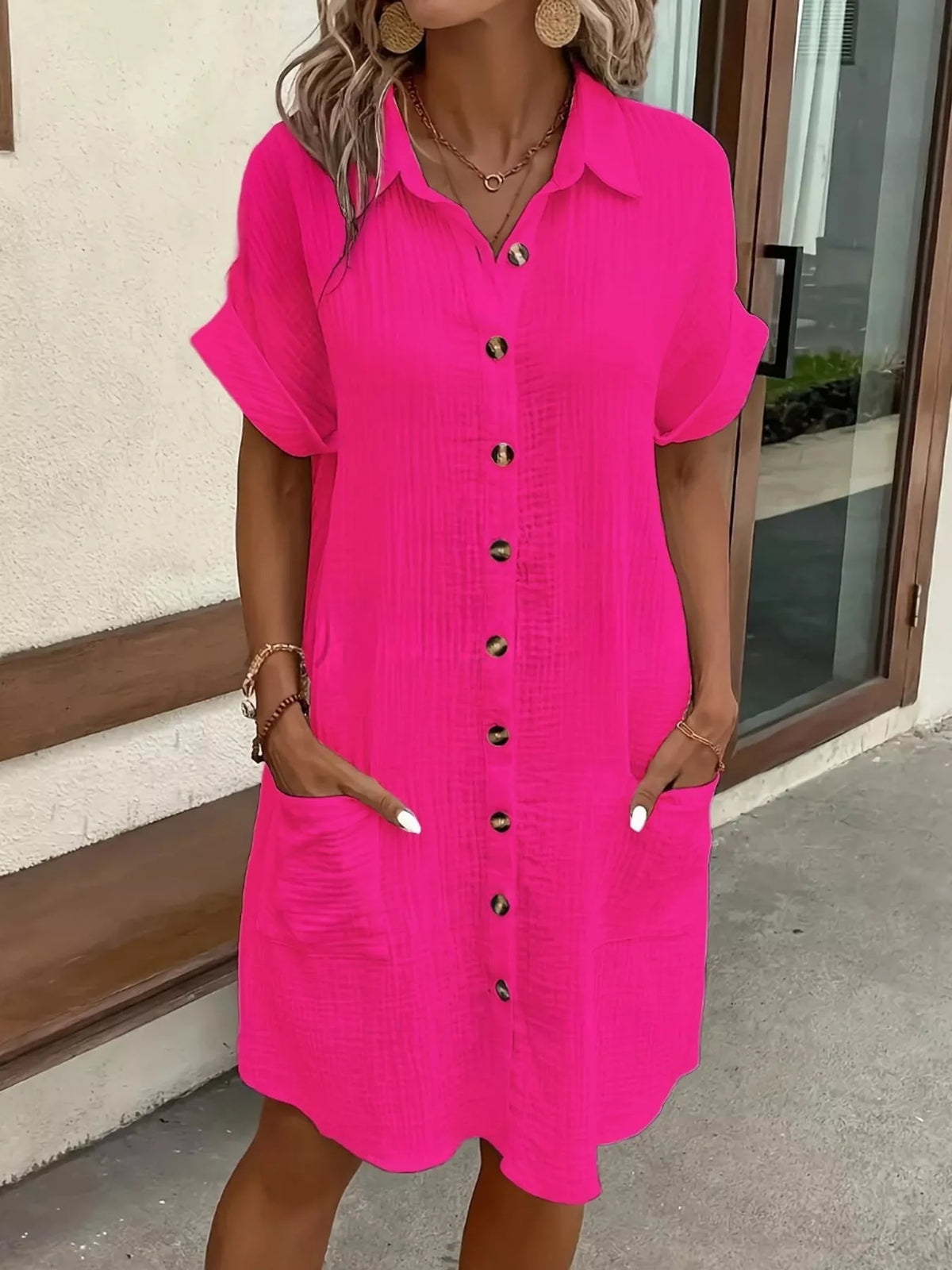 full size button-down textured shirt dress with | dropsona - neutral - close-up detail