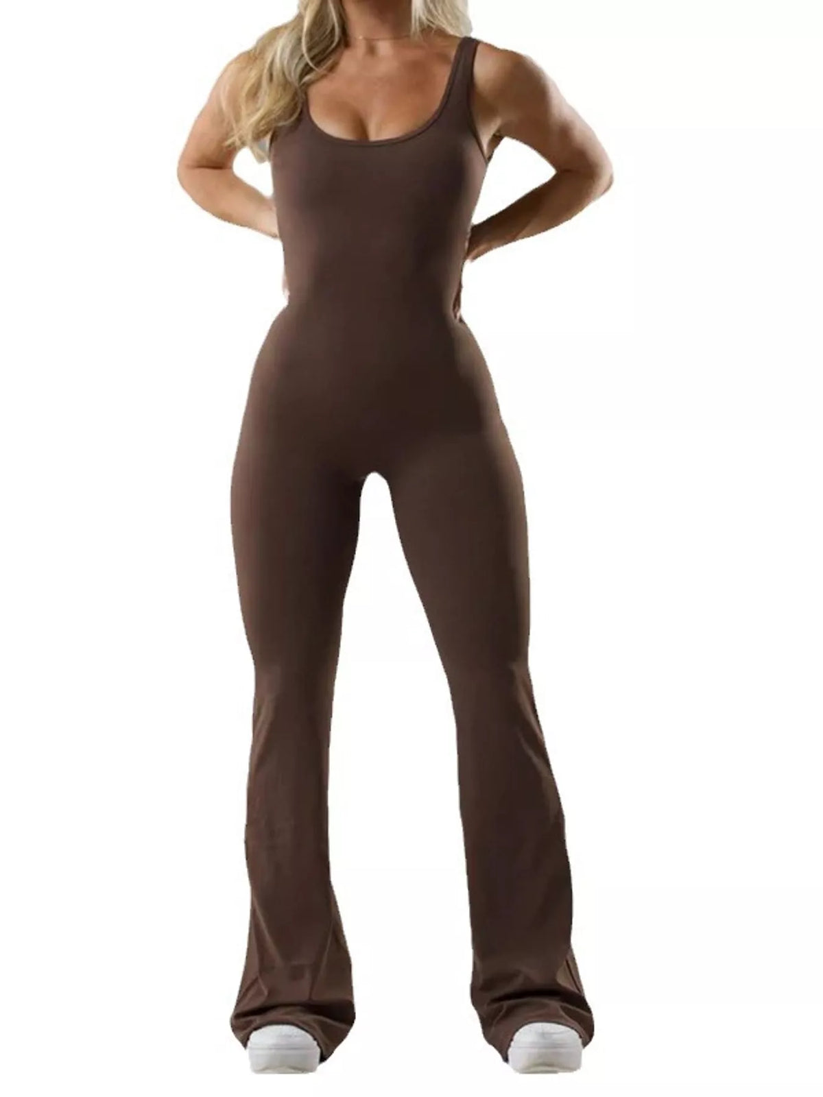 seamless scoop neck active jumpsuit with flared leg | dropsona - neutral - size reference