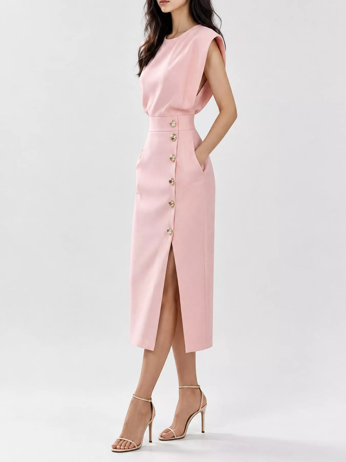 sleeveless midi dress with gold button detail and | dropsona - neutral - usage example