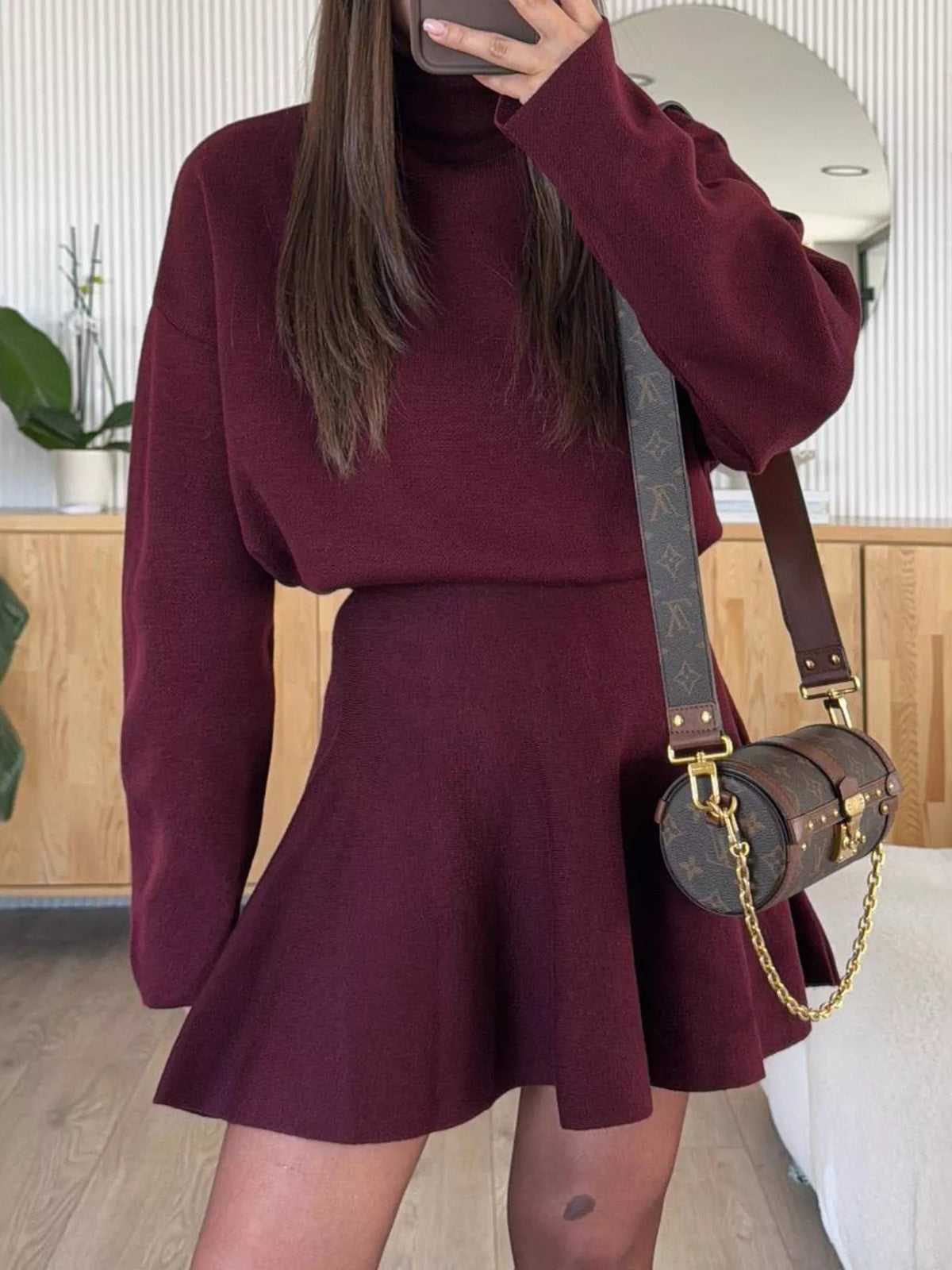 mock neck knit top and flared skirt set | dropsona - neutral - front view