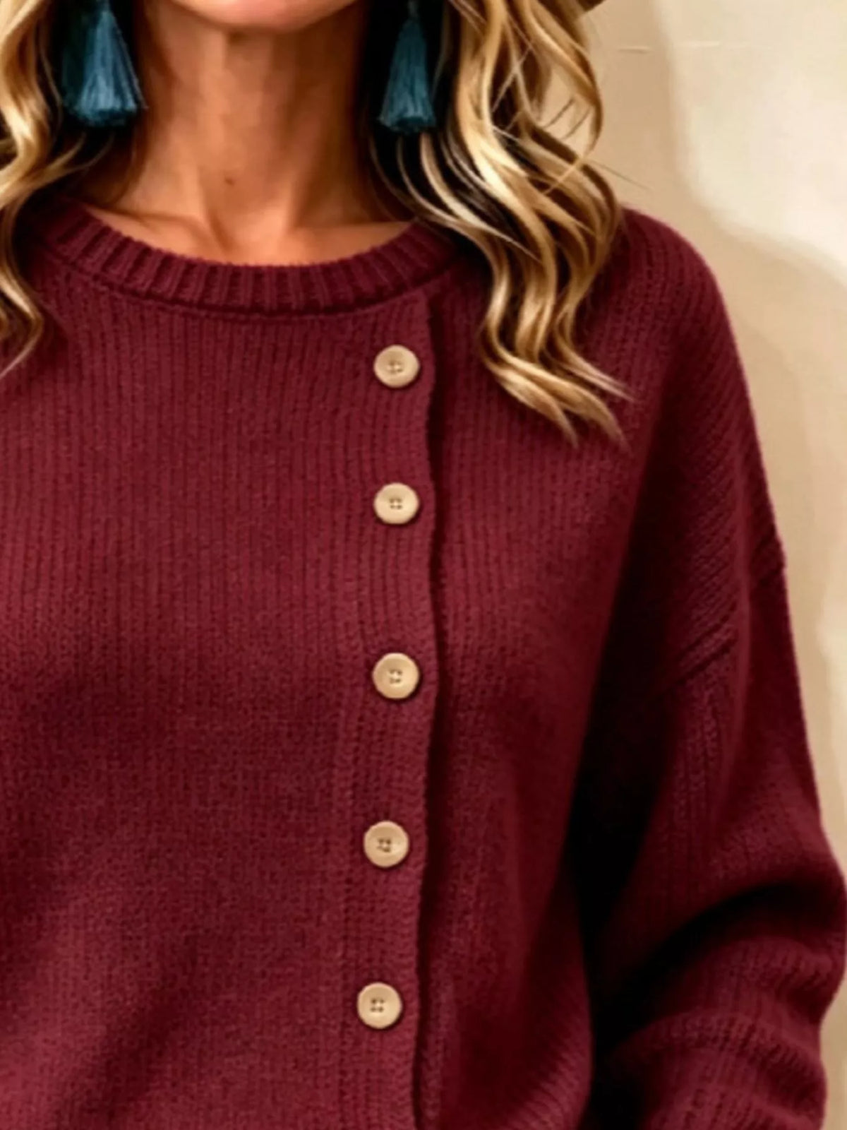 decorative button dropped shoulder sweater – buttoned | dropsona - neutral - usage example