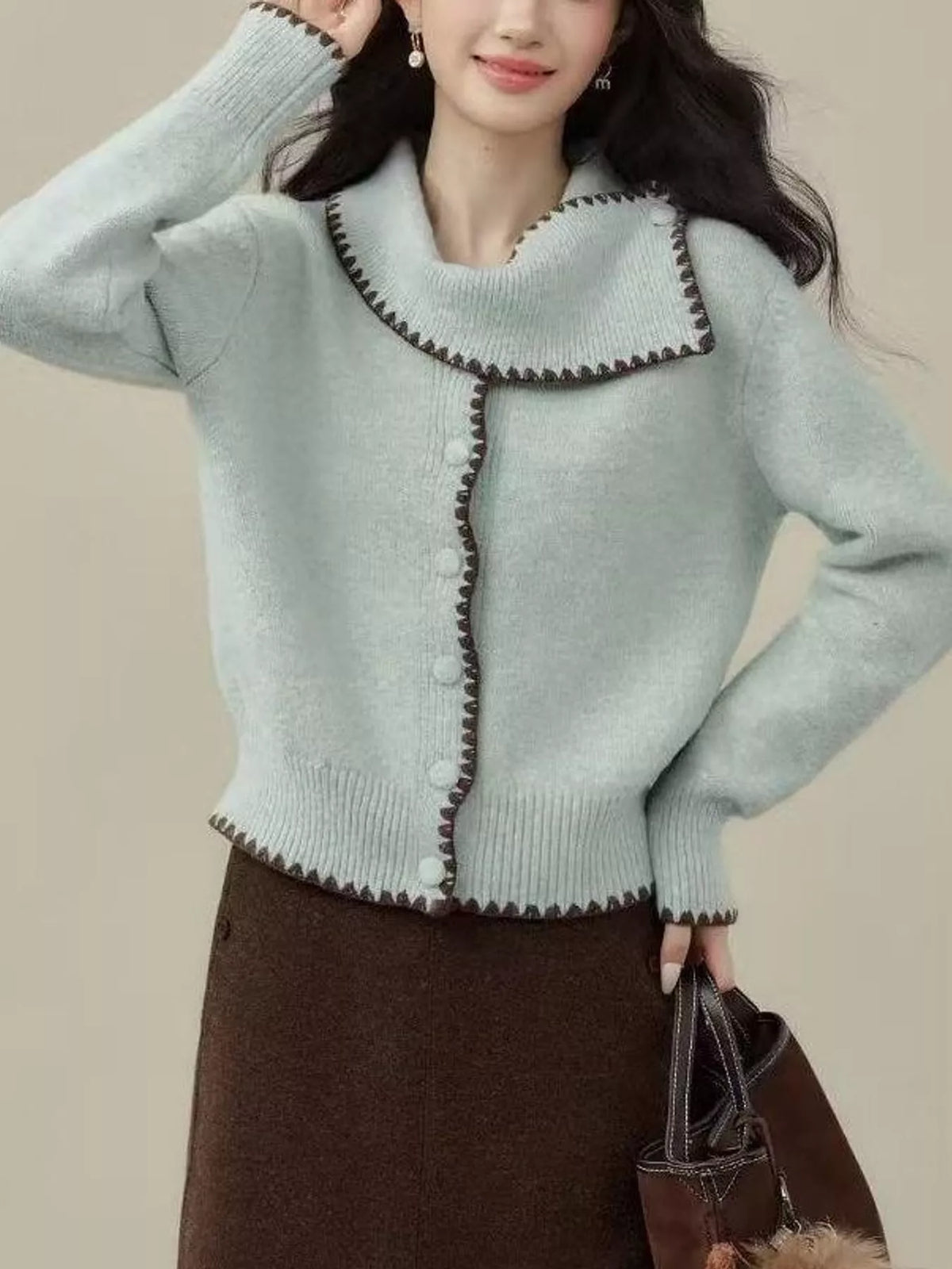 contrast-trimmed scarf collar cardigan | dropsona - neutral - front view