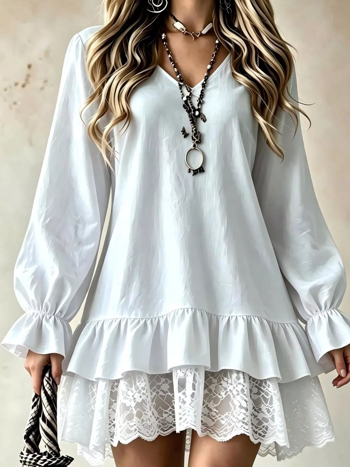v-neck long sleeve ruffle hem lace trim mini dress | dropsona - neutral - everyday use