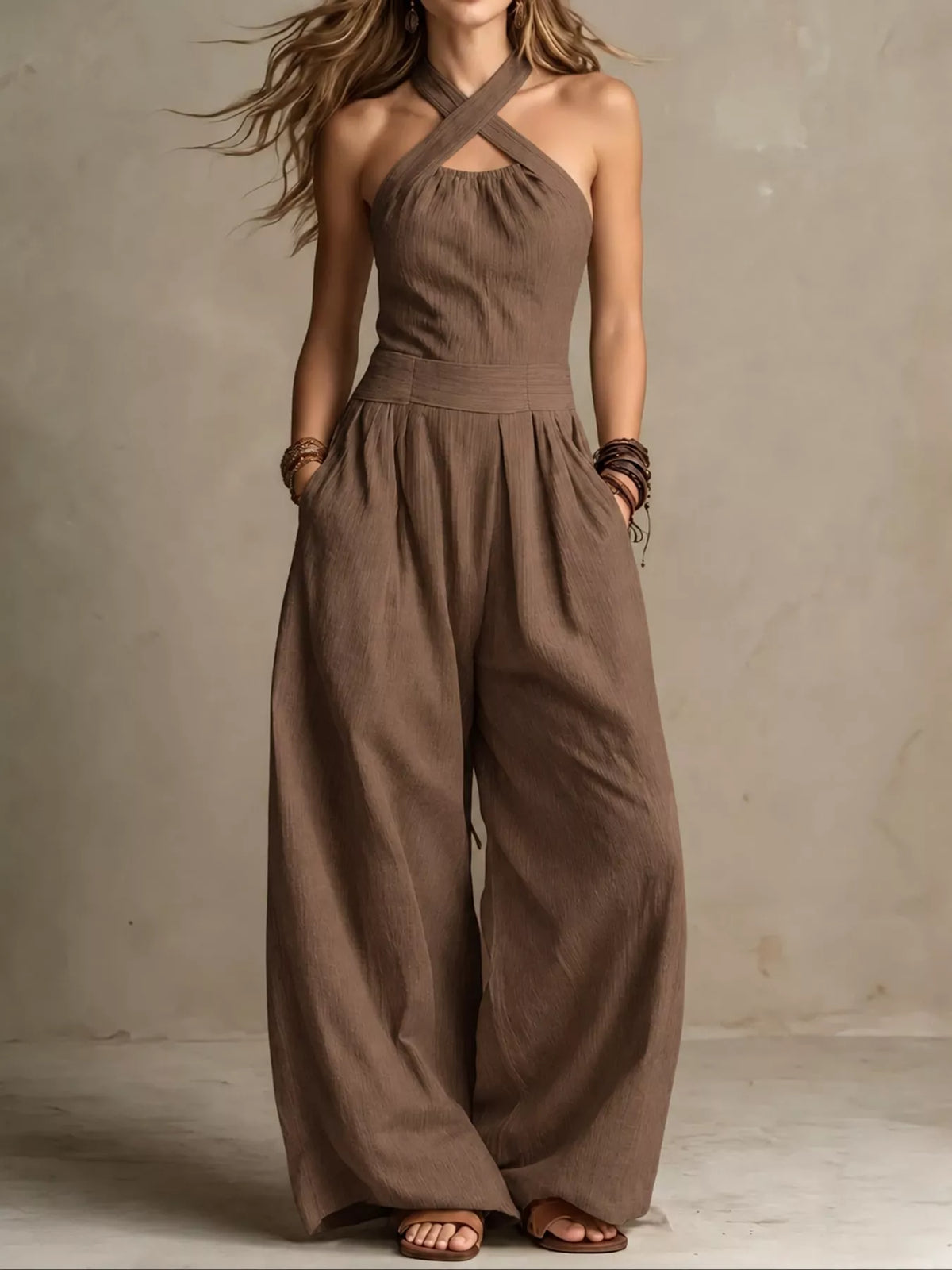 full size halter neck wide-leg jumpsuit plus | dropsona - neutral - material texture