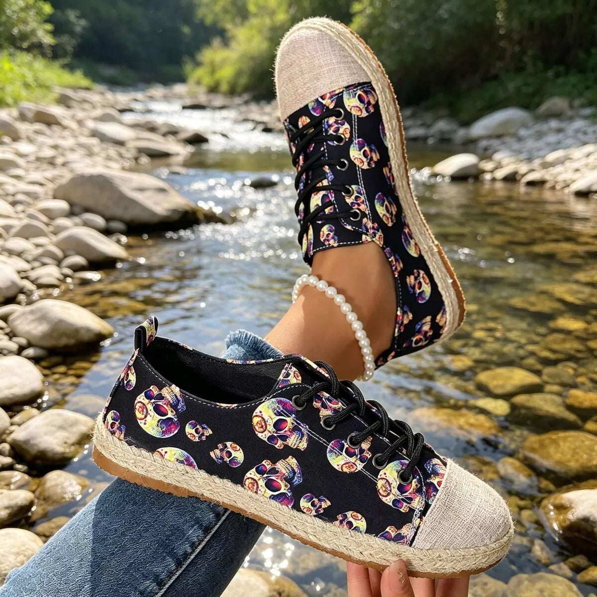 lace-up flat round-toe breathable sneakers | dropsona - neutral - close-up detail