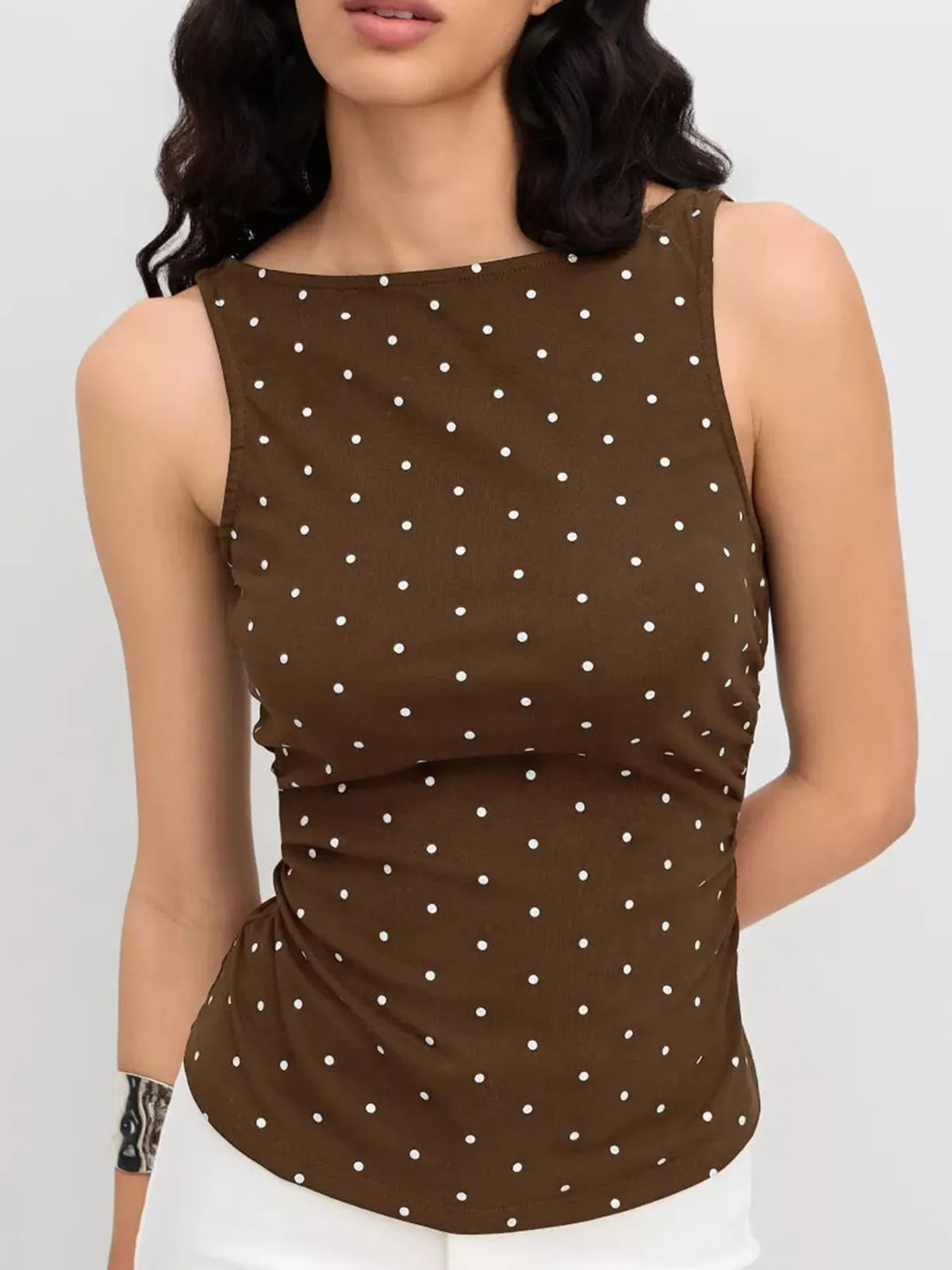 polka dot print sleeveless tank top with tie back | dropsona - neutral - front view