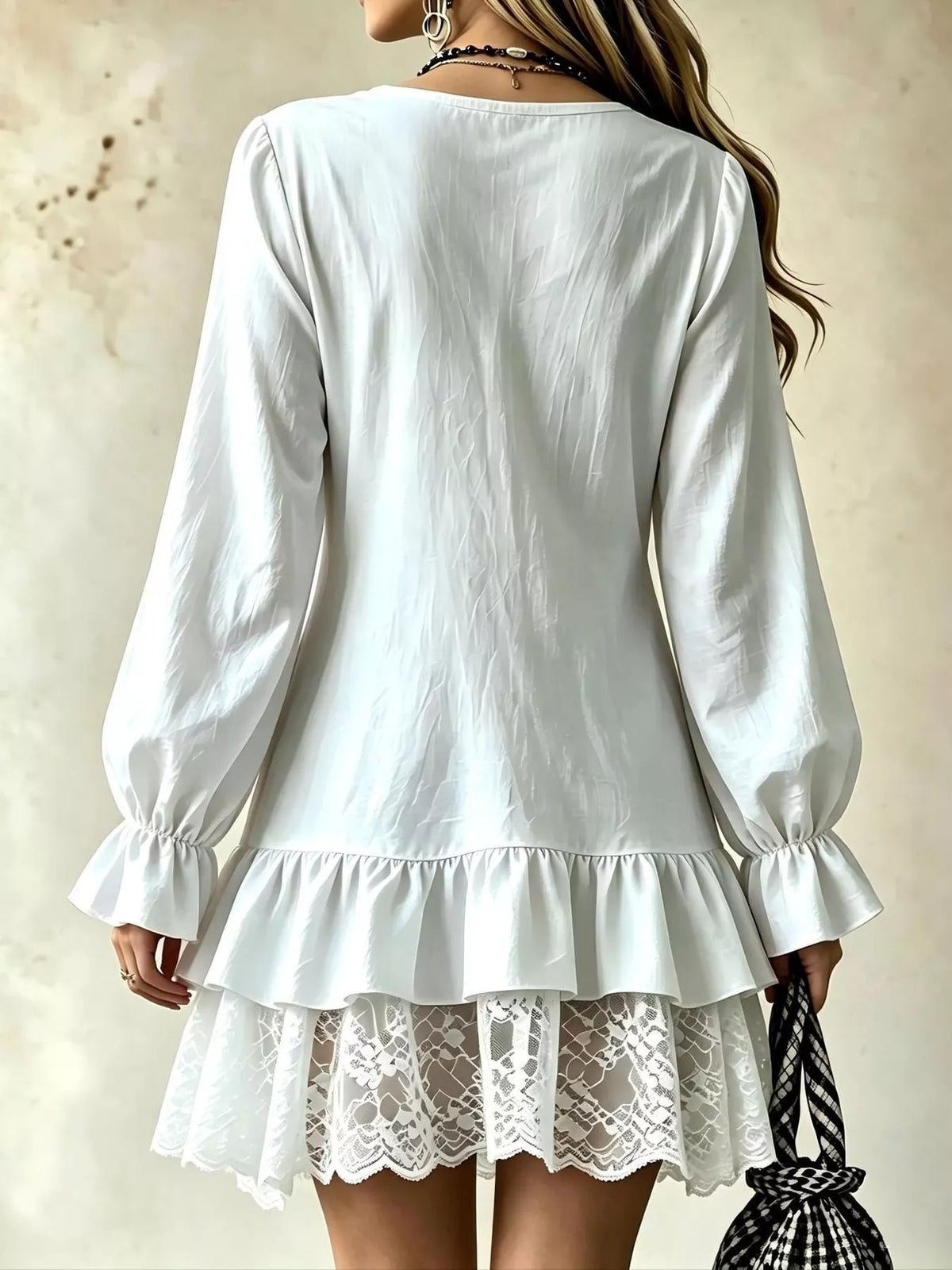 lace hem v-neck flounce sleeve dress | dropsona - neutral - close-up detail