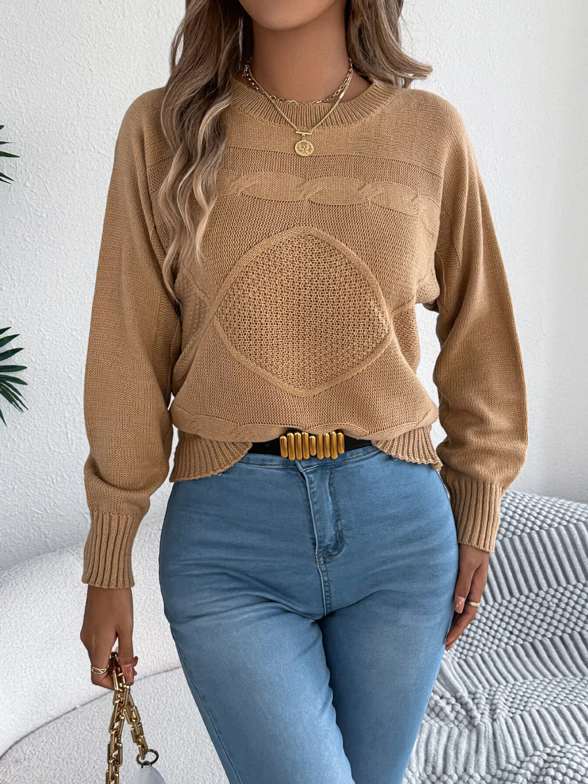 cable knit crew neck sweater – basic style,cable-knit | dropsona - neutral - material texture
