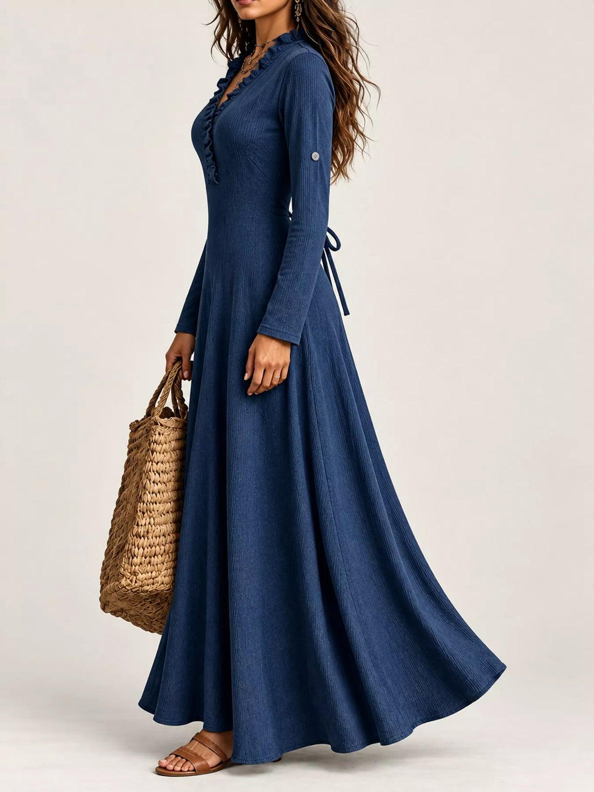 full size frill roll-up sleeve maxi dress plus | dropsona - neutral - material texture