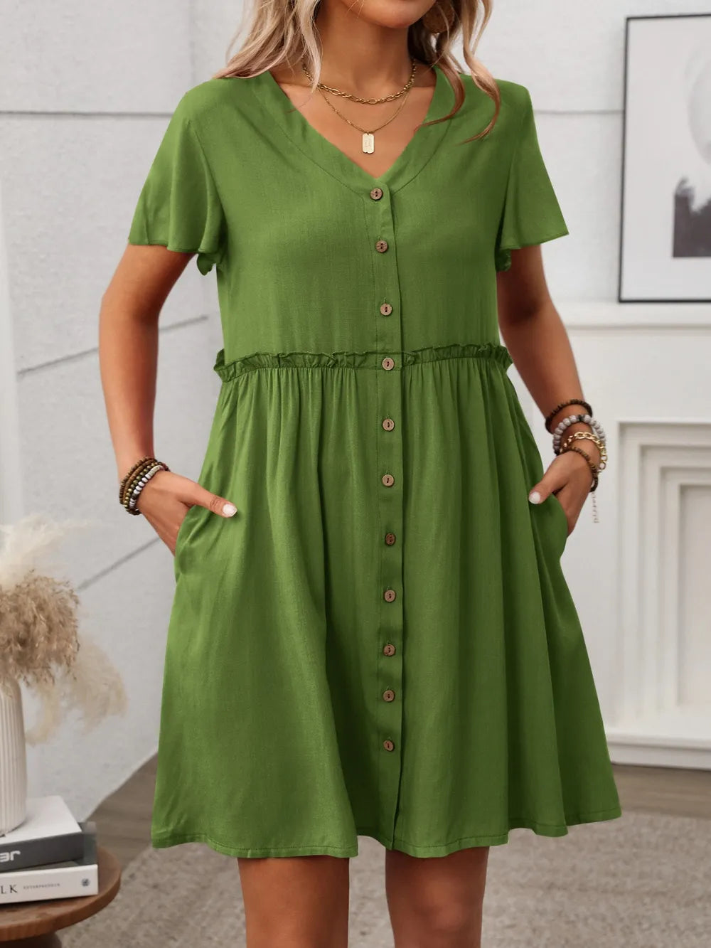 button front flutter sleeve dress - front view