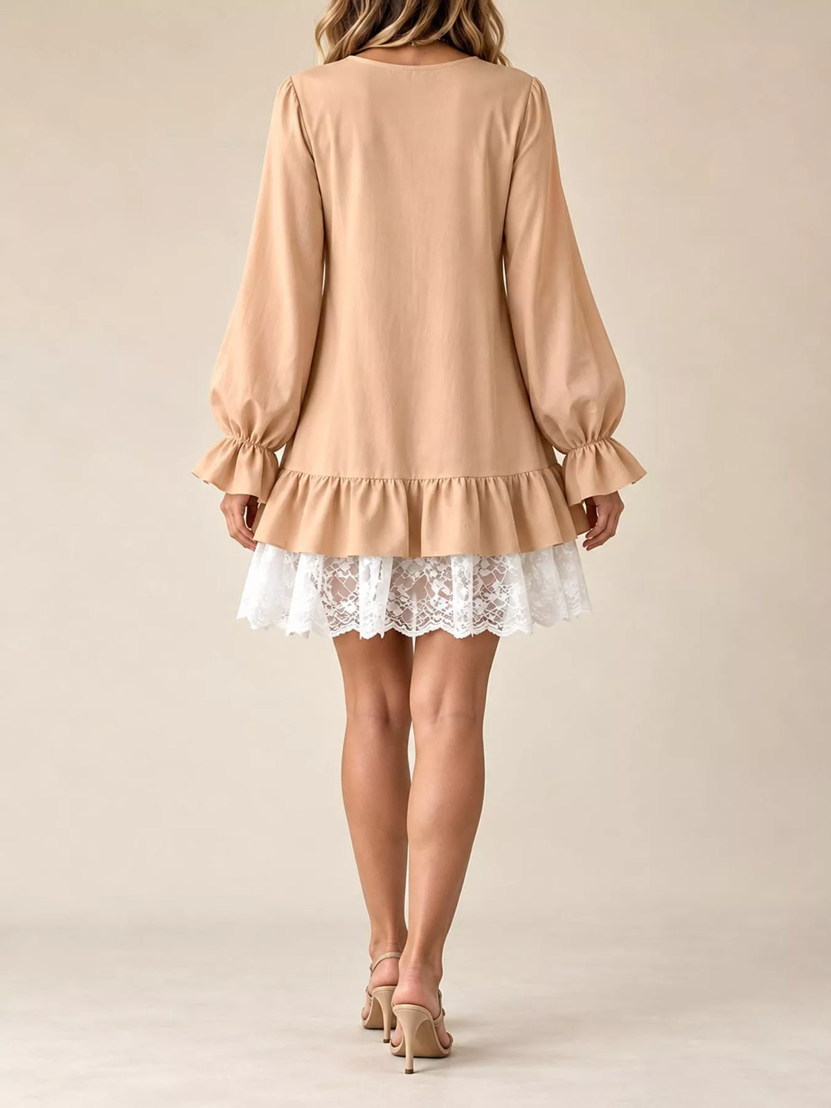 lace hem v-neck flounce sleeve dress | dropsona - neutral - usage example
