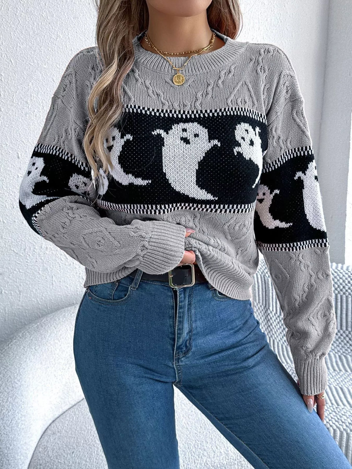 halloween ghost pattern textured sweater – cable-knit | dropsona - neutral - close-up detail