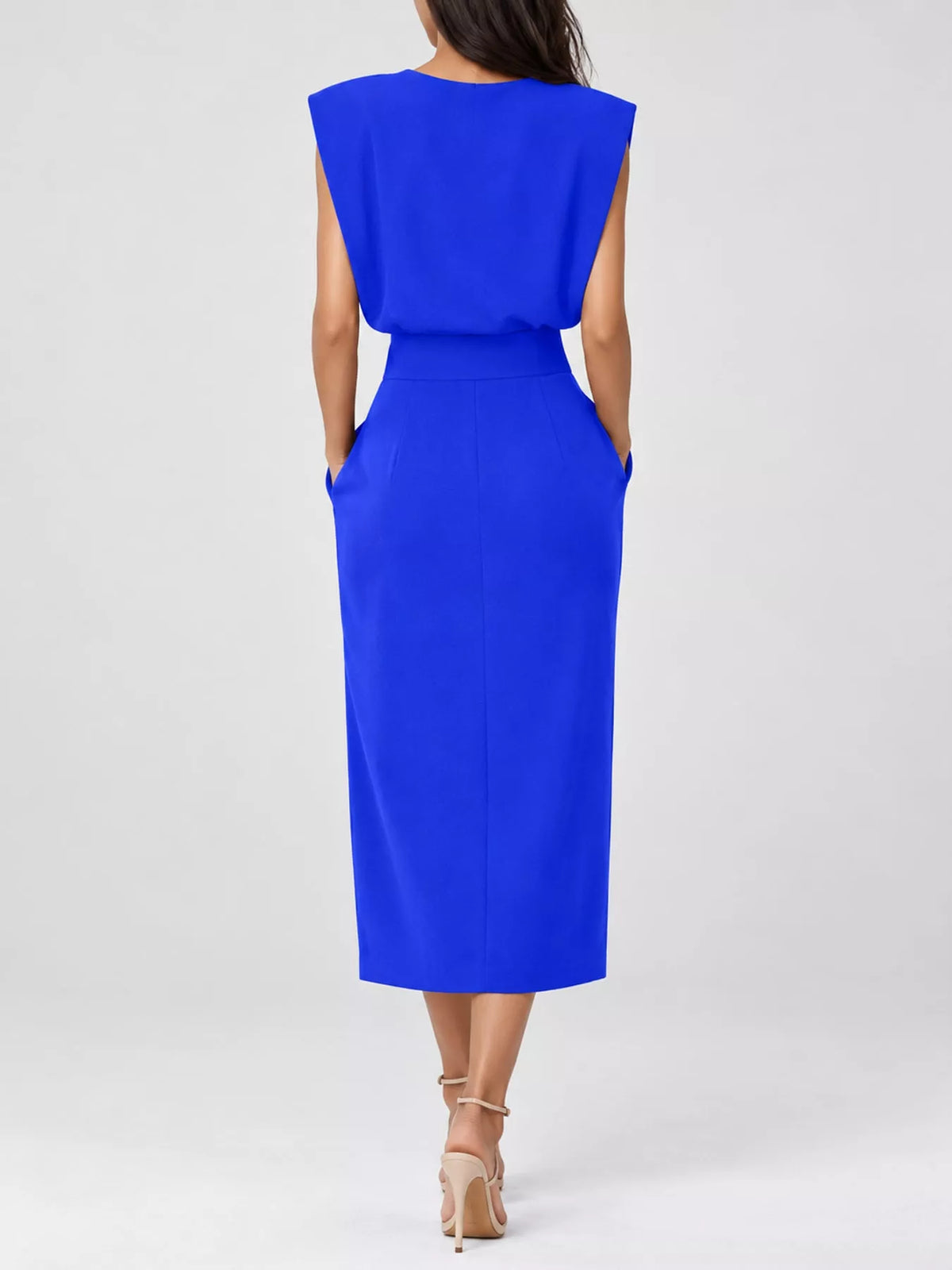 sleeveless midi dress with gold button detail and | dropsona - neutral - packaging