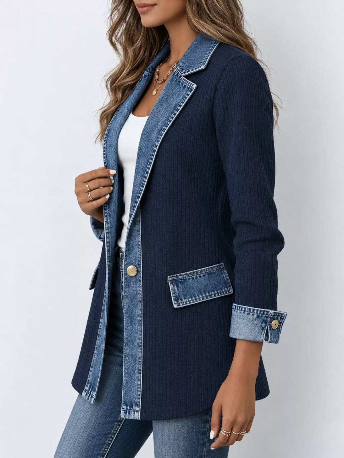 full size denim trim ribbed knit cardigan plus | dropsona - neutral - material texture