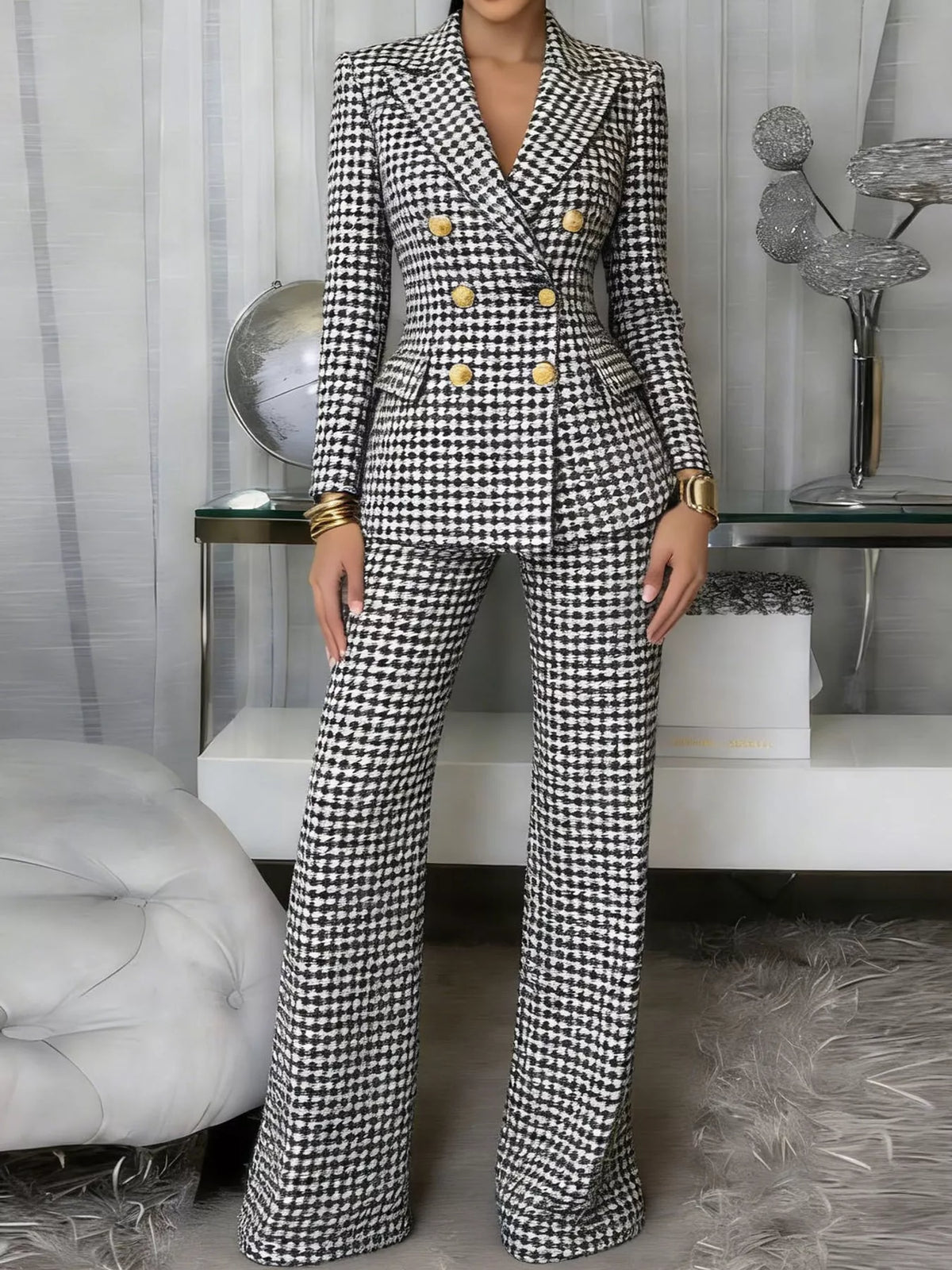 double-breasted blazer and pants set | dropsona - neutral - material texture