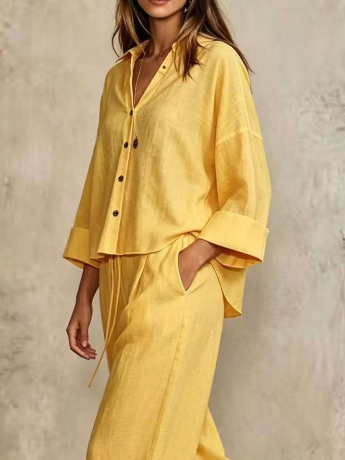 full size button-down shirt and wide-leg pants set | dropsona - neutral - front view