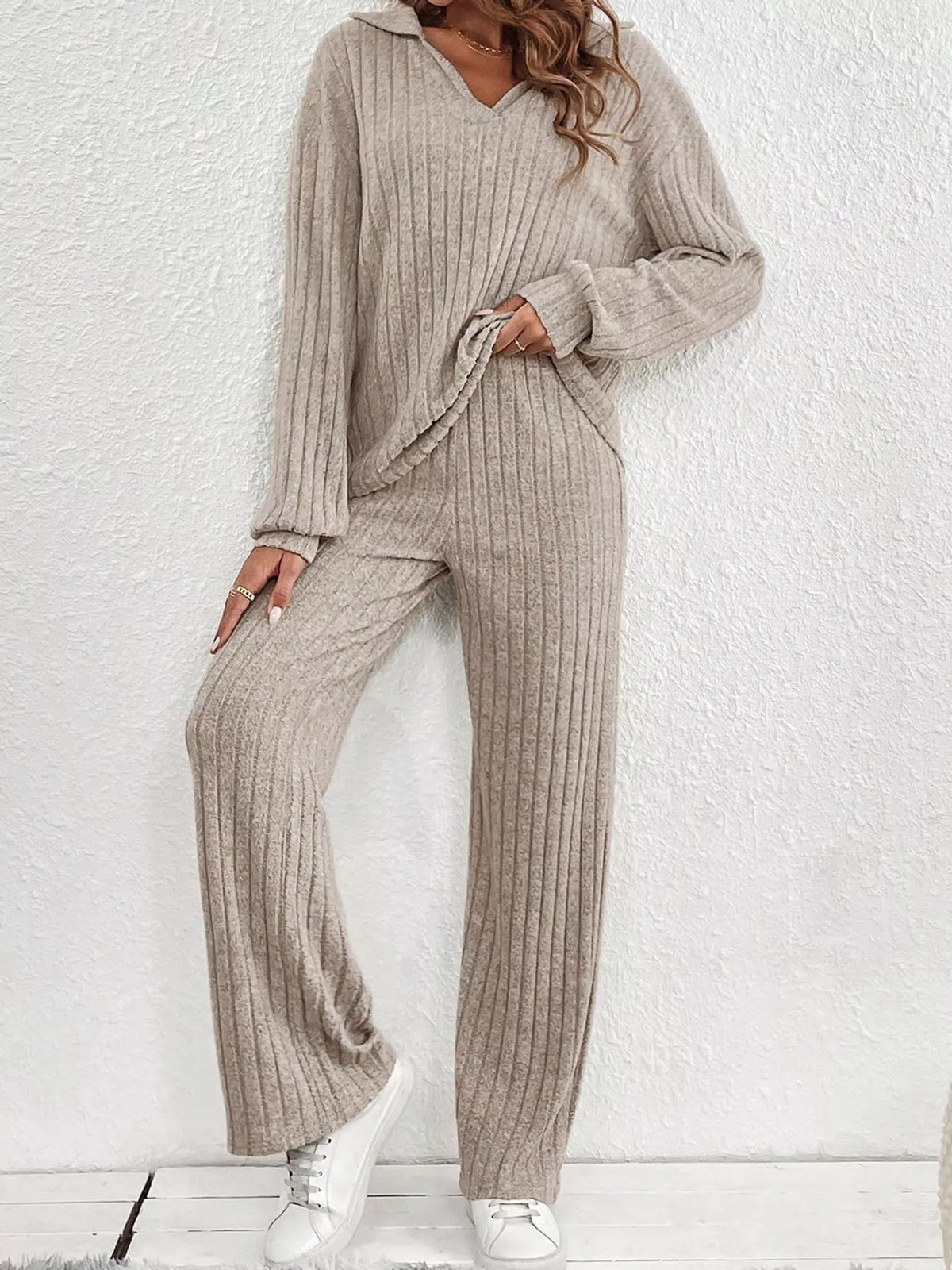 ribbed knit collared top and wide leg pants set | dropsona - neutral - size reference