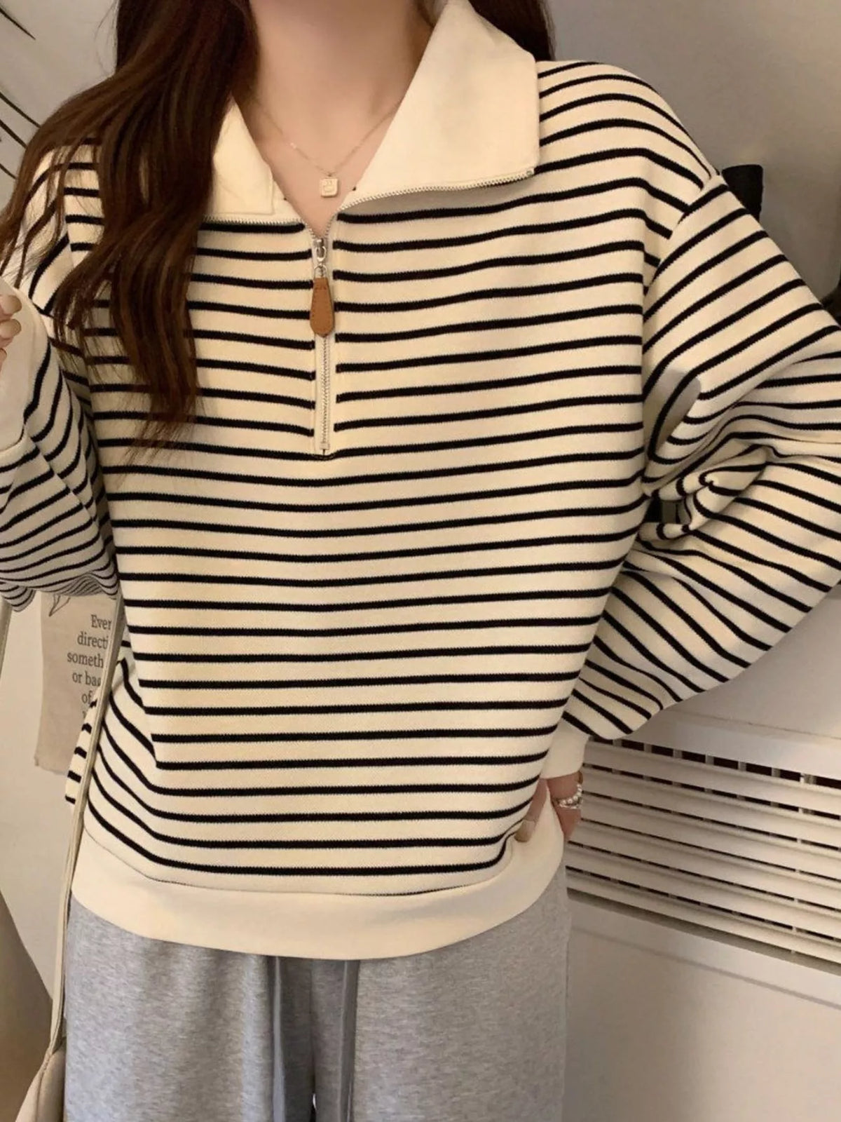 plus size striped quarter-zip pullover sweatshirt | dropsona - neutral - packaging