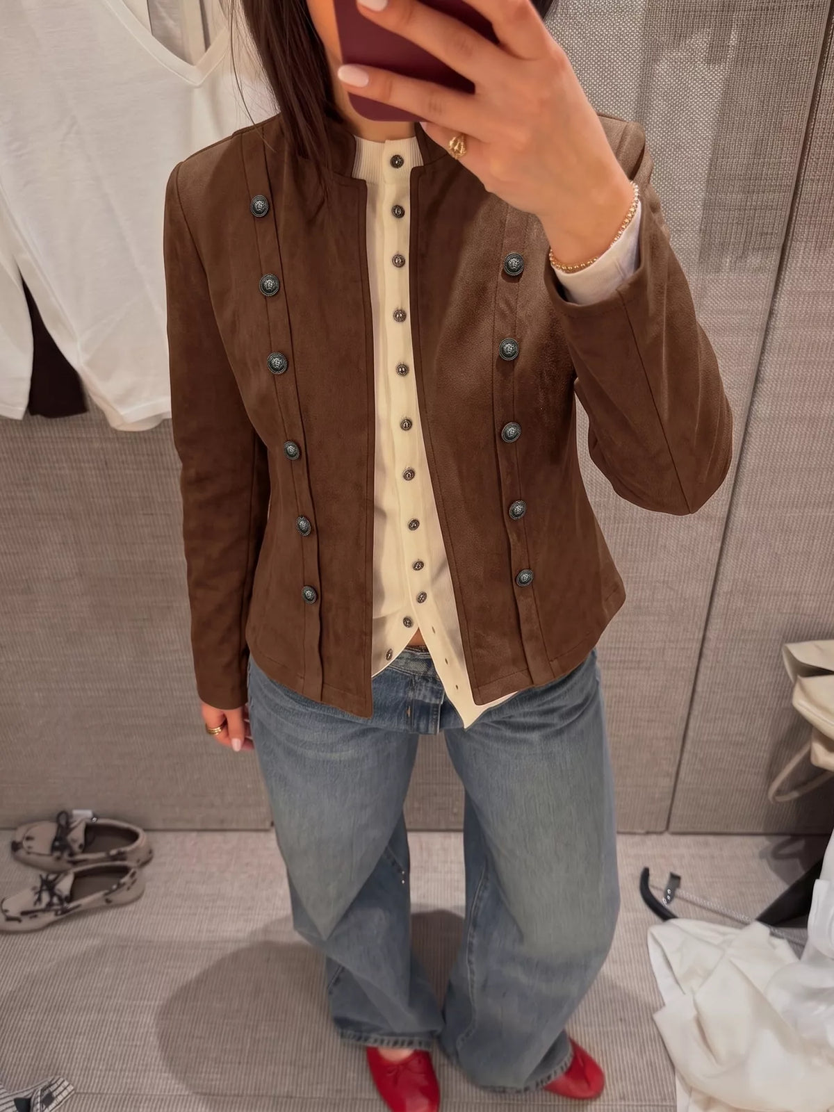 vintage stand collar cropped jacket | dropsona - neutral - close-up detail