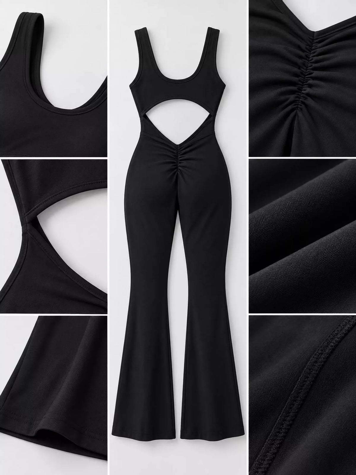 seamless scoop neck active jumpsuit with flared leg | dropsona - neutral - close-up detail