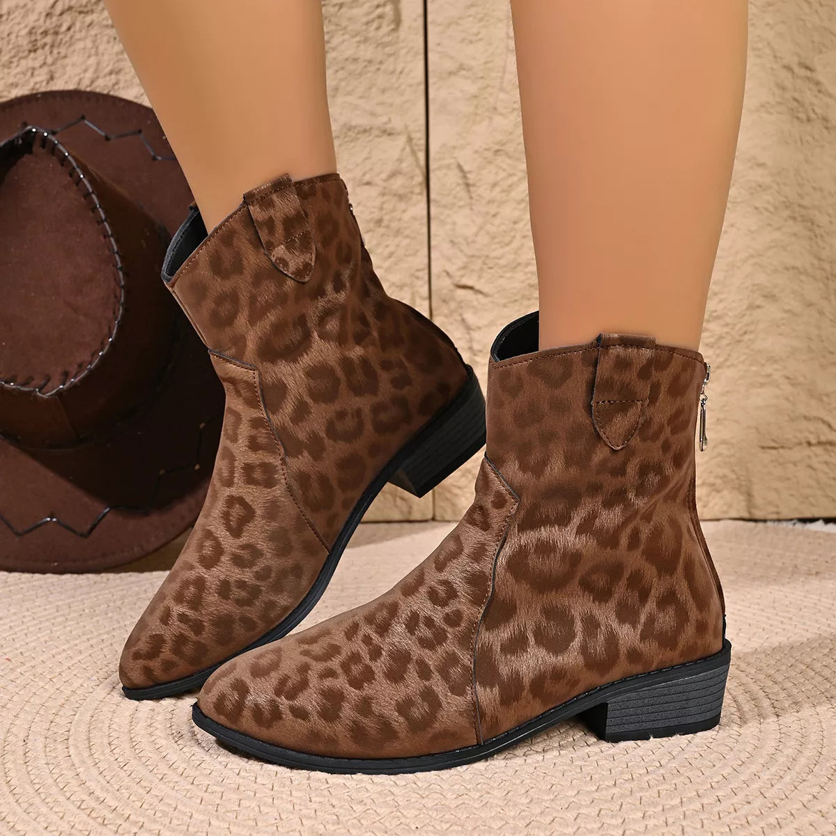 leopard print western ankle boots – dear monkey | dropsona - neutral - material texture