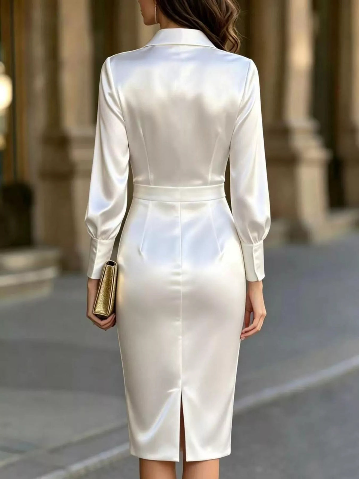 satin lantern sleeve midi dress – basic style | dropsona - neutral - front view