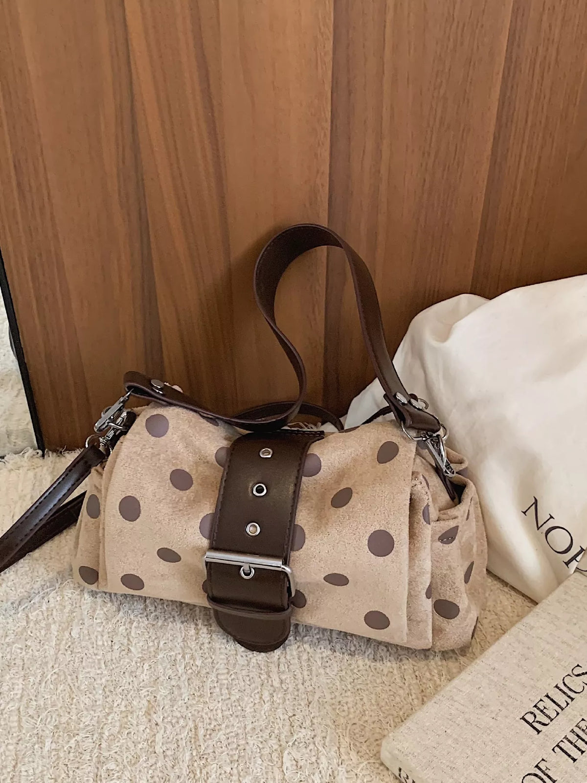 vintage polka dot shoulder bag – stylish sling | dropsona - neutral - material texture