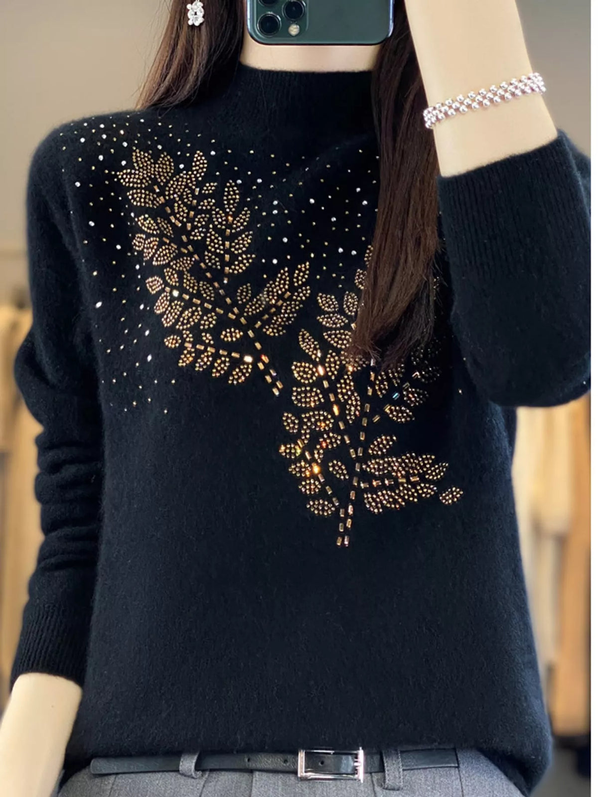 rhinestone leaf mock neck sweater | dropsona polyester - neutral - close-up detail
