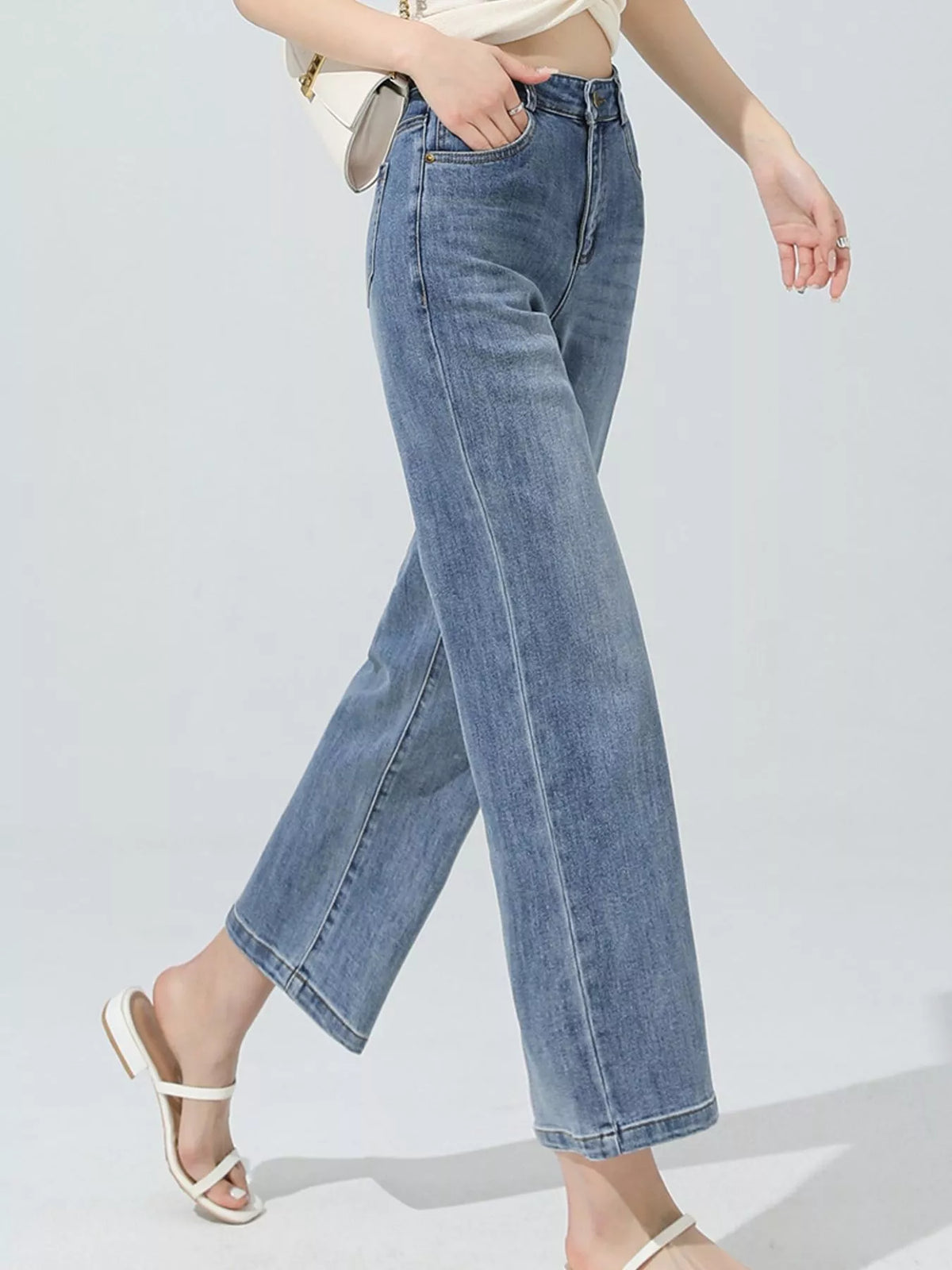 high-waisted vintage wash straight-leg jeans | dropsona - neutral - everyday use