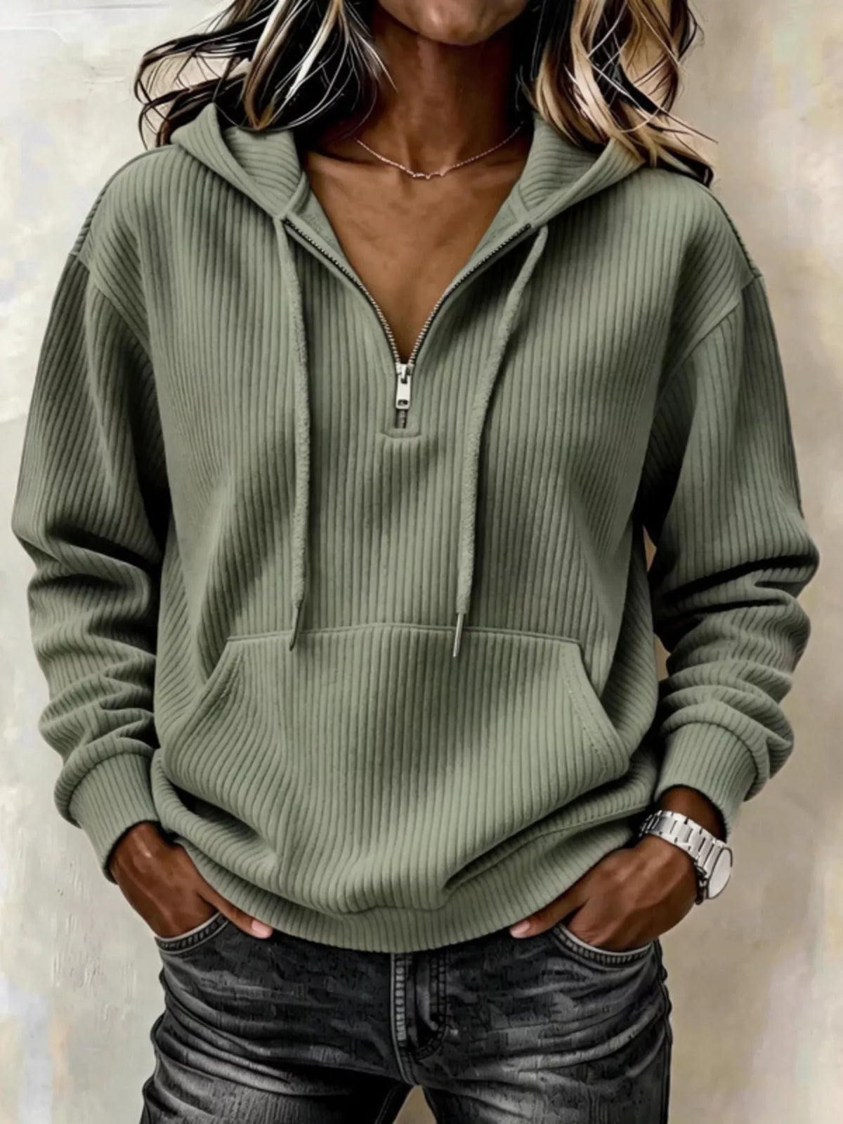 ribbed knit quarter-zip hoodie | dropsona - neutral - material texture