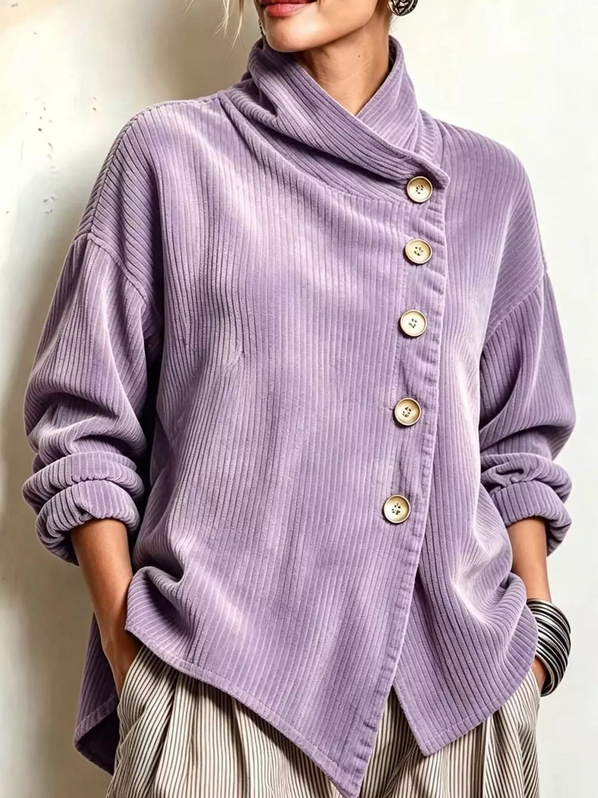 full size asymmetric button-down corduroy jacket plus | dropsona - neutral - usage example