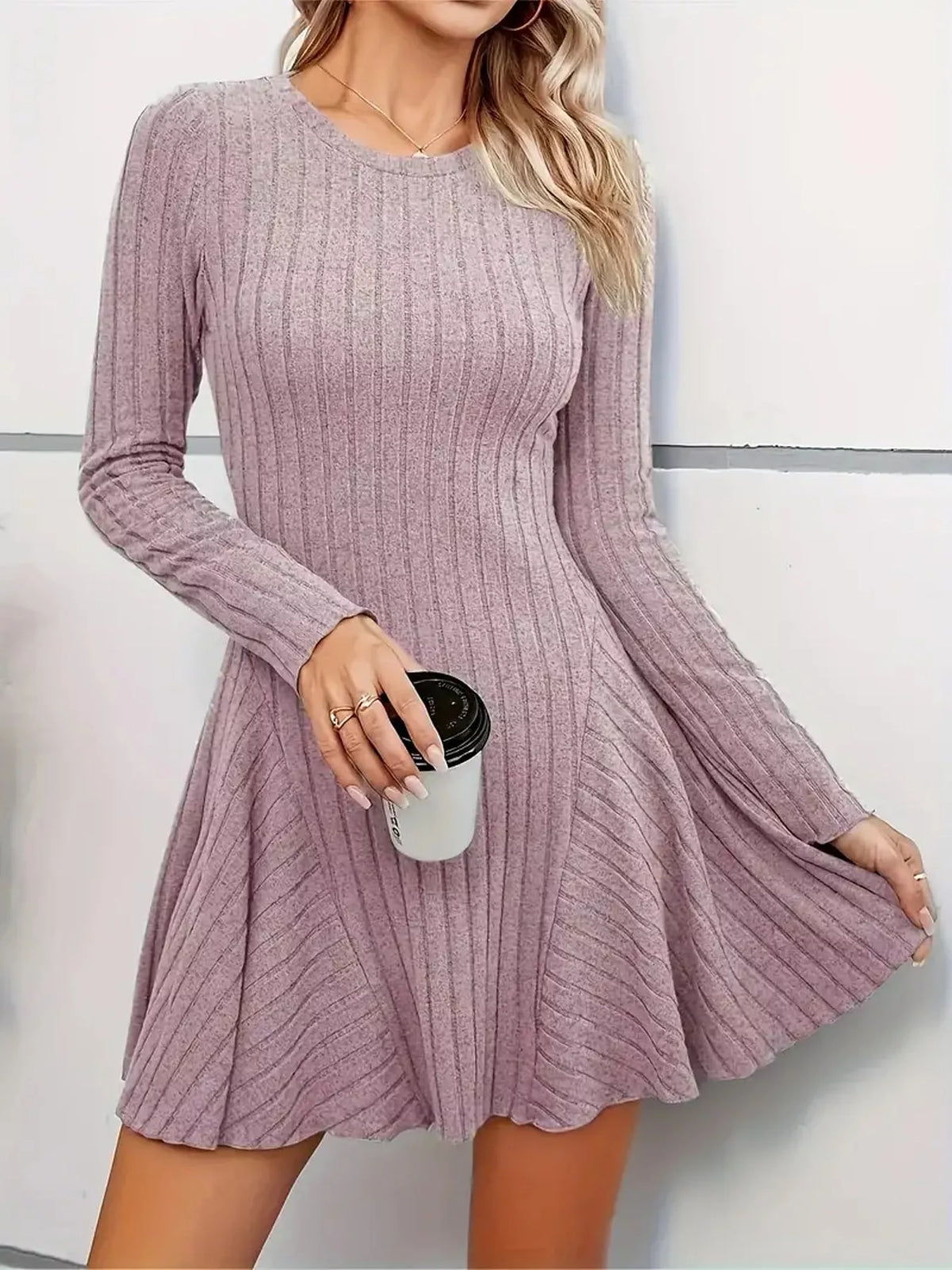 v-neck ribbed knit a-line dress – | dropsona - neutral - material texture