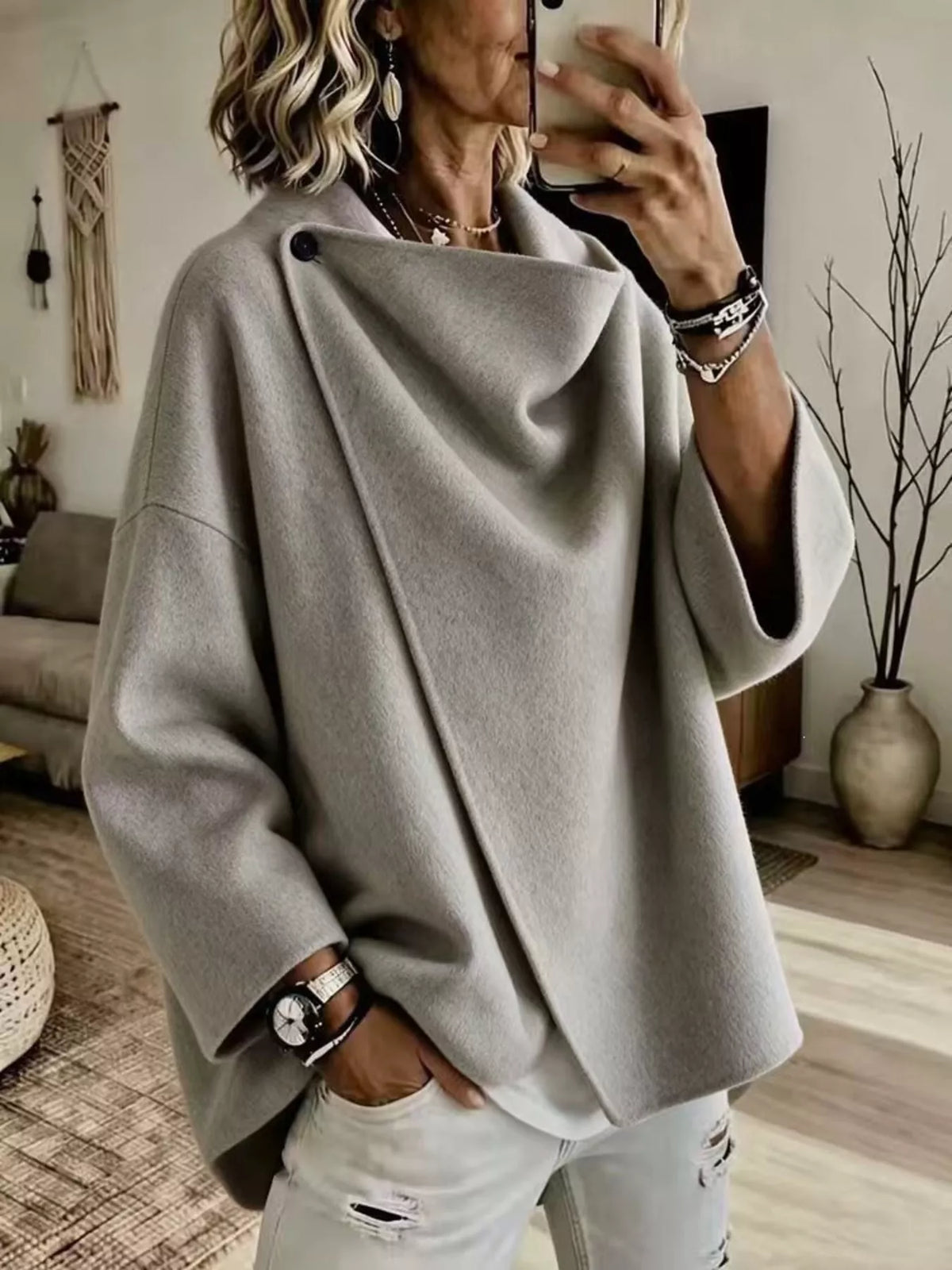 full size asymmetric cowl neck cape plus | dropsona - neutral - close-up detail