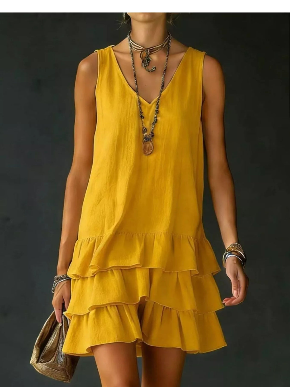 full size ruffled hem v-neck sleeveless dress plus size - close-up detail