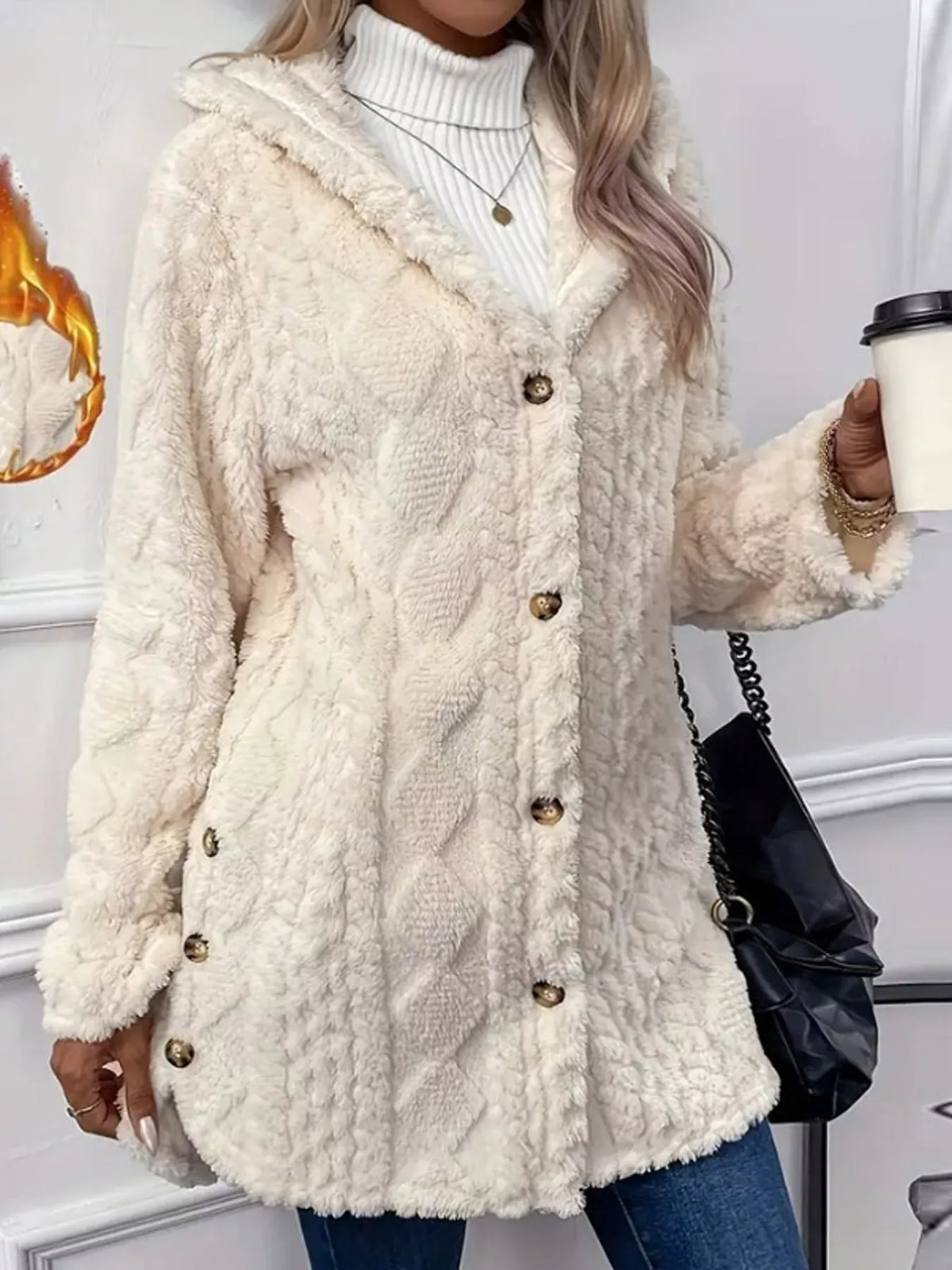 full size cozy cable-knit faux fur hooded outerwear | dropsona - neutral - size reference
