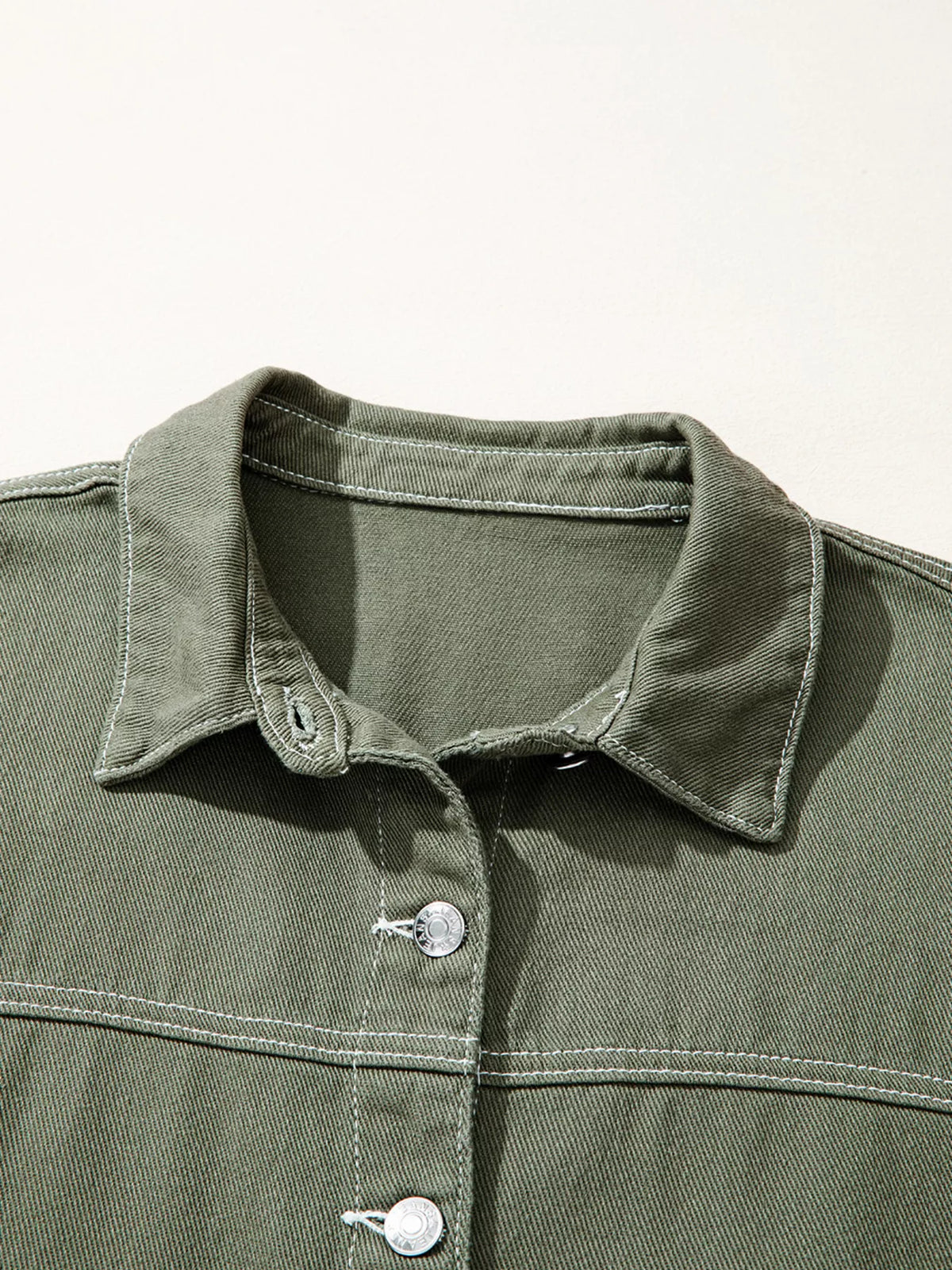 patched pocket collared button front boyfriend denim jacket - material texture