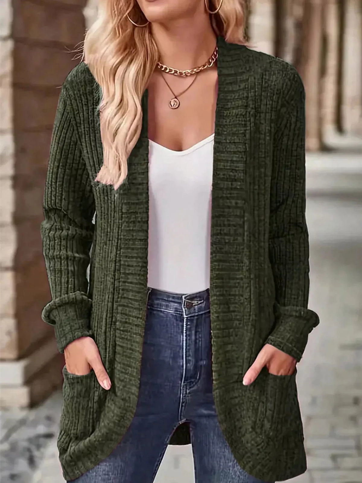 ribbed knit open front cardigan with pockets | dropsona - neutral - size reference