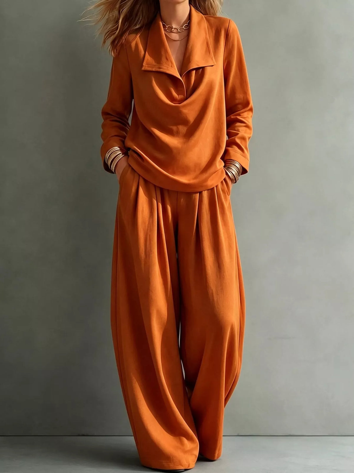 full size casual elegant top and wide-leg pants set | dropsona - neutral - close-up detail