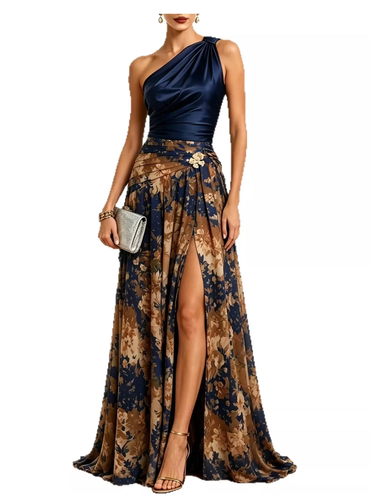 elegant one-shoulder floral print high-slit evening | dropsona - neutral - usage example