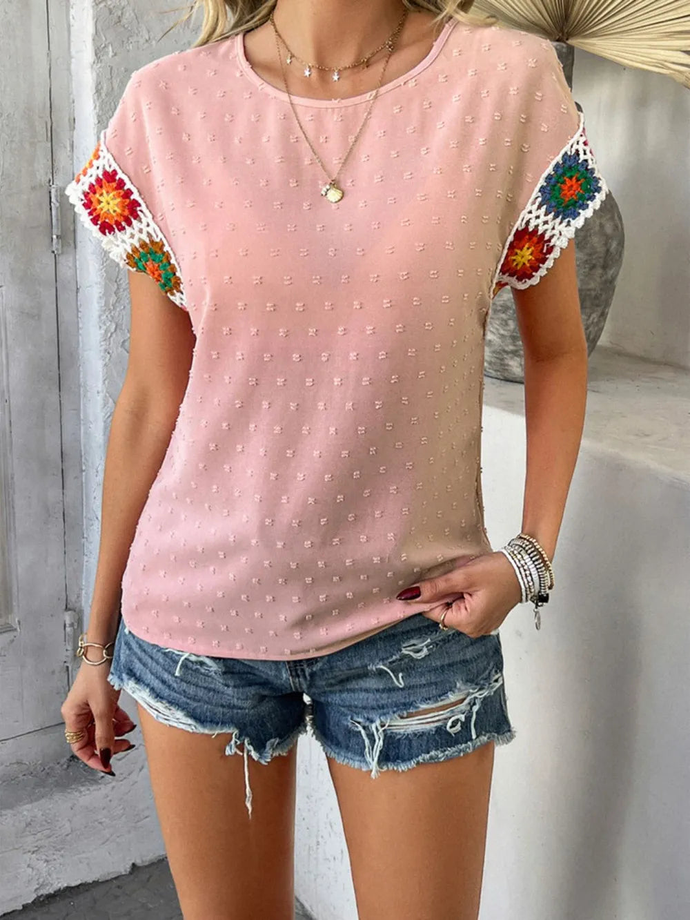 devine swiss dot round neck crochet short sleeve top - close-up detail