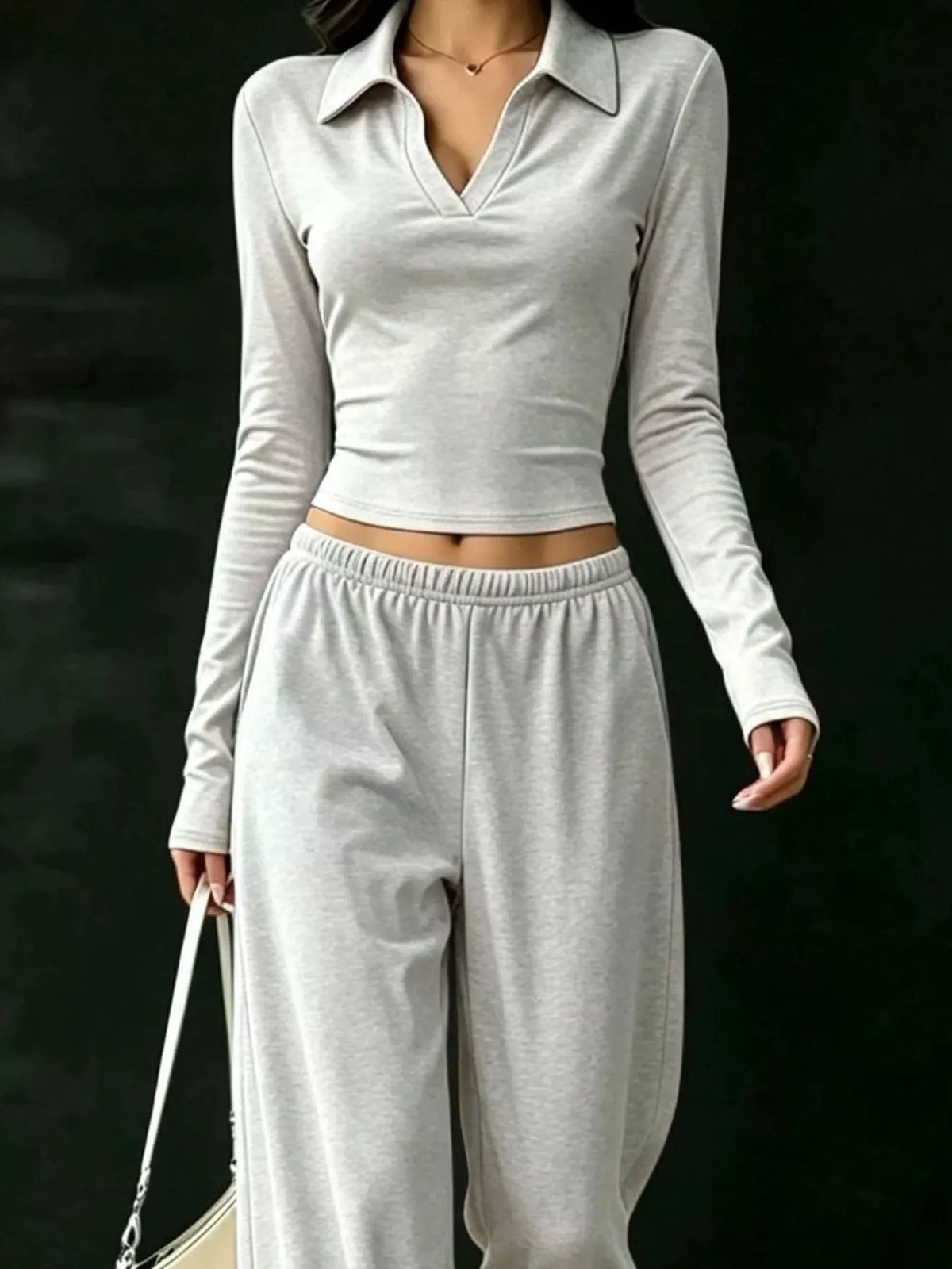 long-sleeve polo top and wide-leg pants set | dropsona - neutral - material texture
