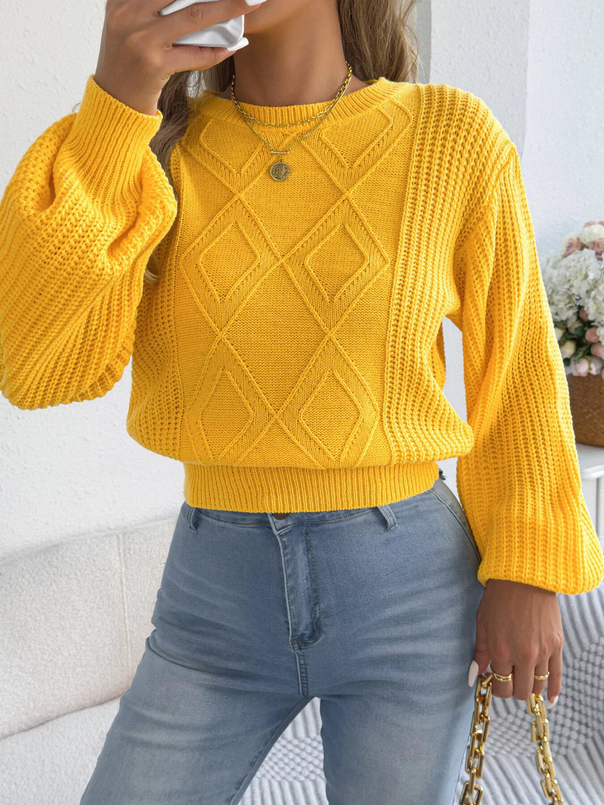 argyle pattern lantern sleeve knit sweater | dropsona - neutral - close-up detail