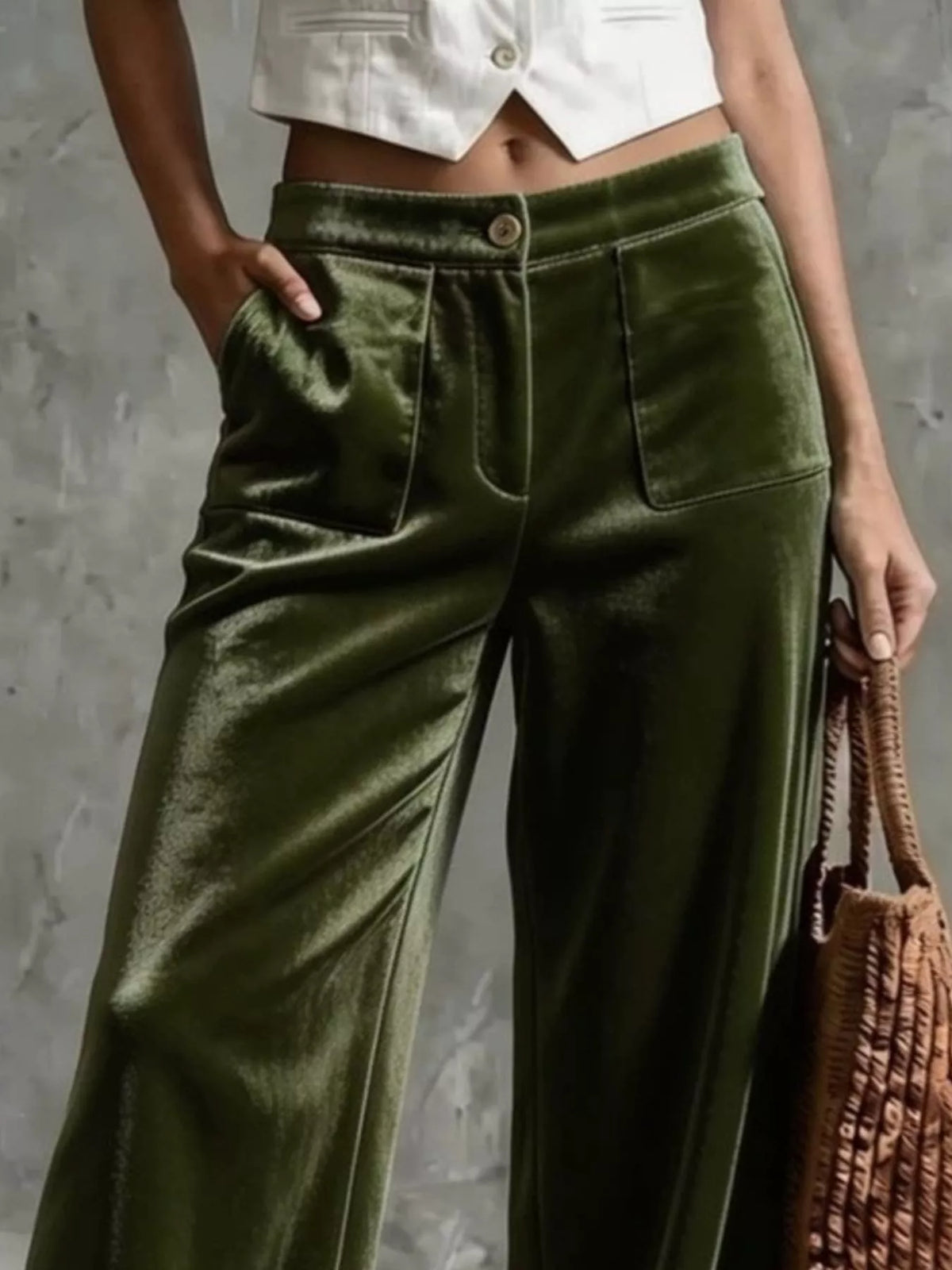 full size high-waisted wide-leg velvet pants with | dropsona - neutral - material texture