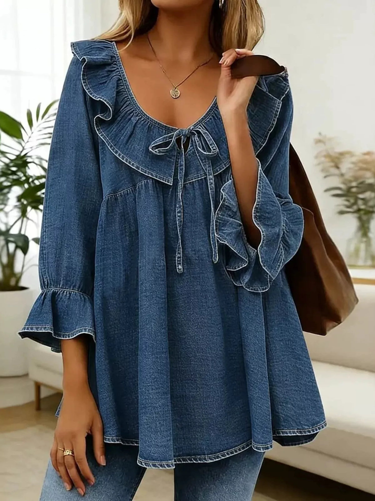 full size ruffled v-neck denim top with tie-front | dropsona - neutral - packaging